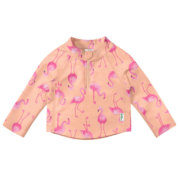 Print UPF 50+ Zip Rashguard- Coral Flamingos