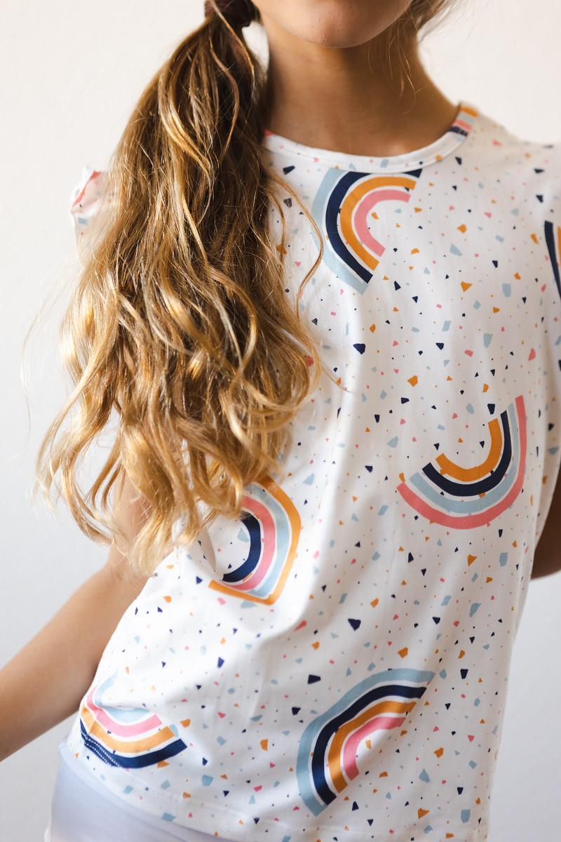  Rainbow Watercolor Girls' Ruffle Neck T-Shirt - Cool