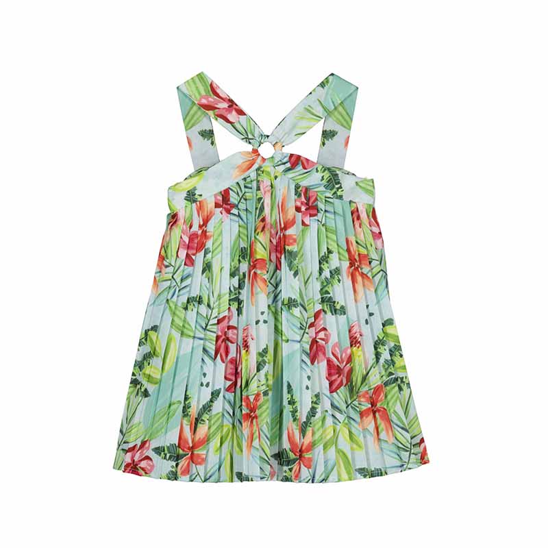 Aqua Pleated Print Dress- S25-3934