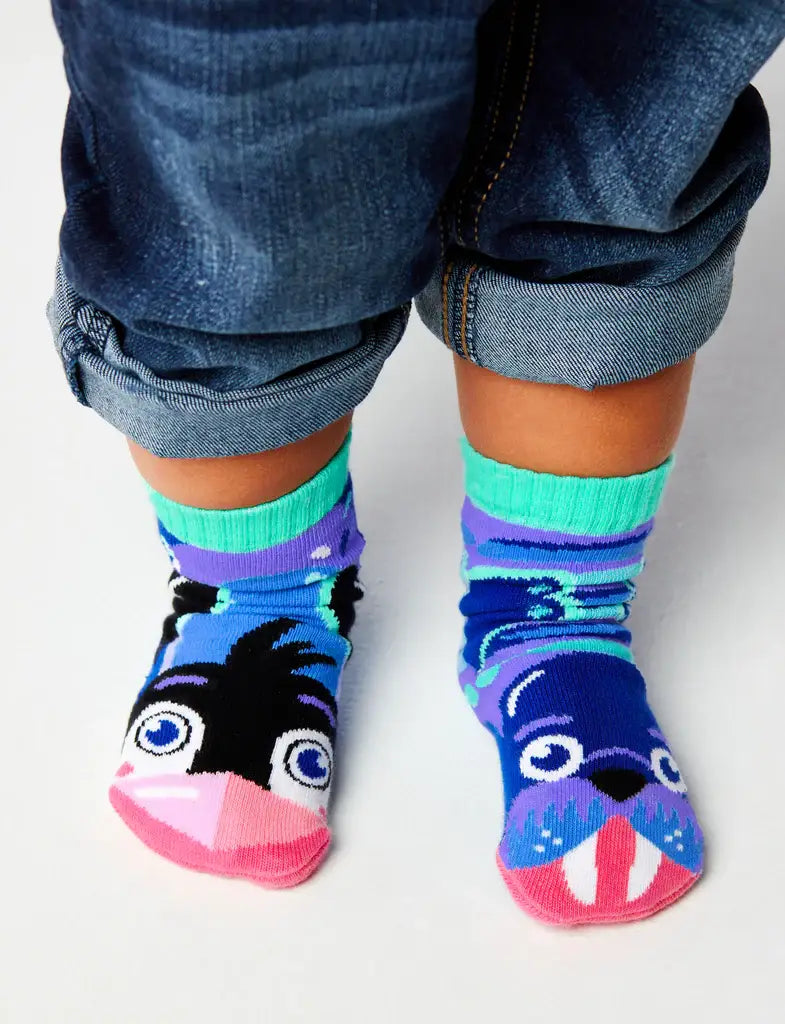 Penguin & Walrus Mismatched Animals Non-Slip Kids Socks: KIDS LARGE