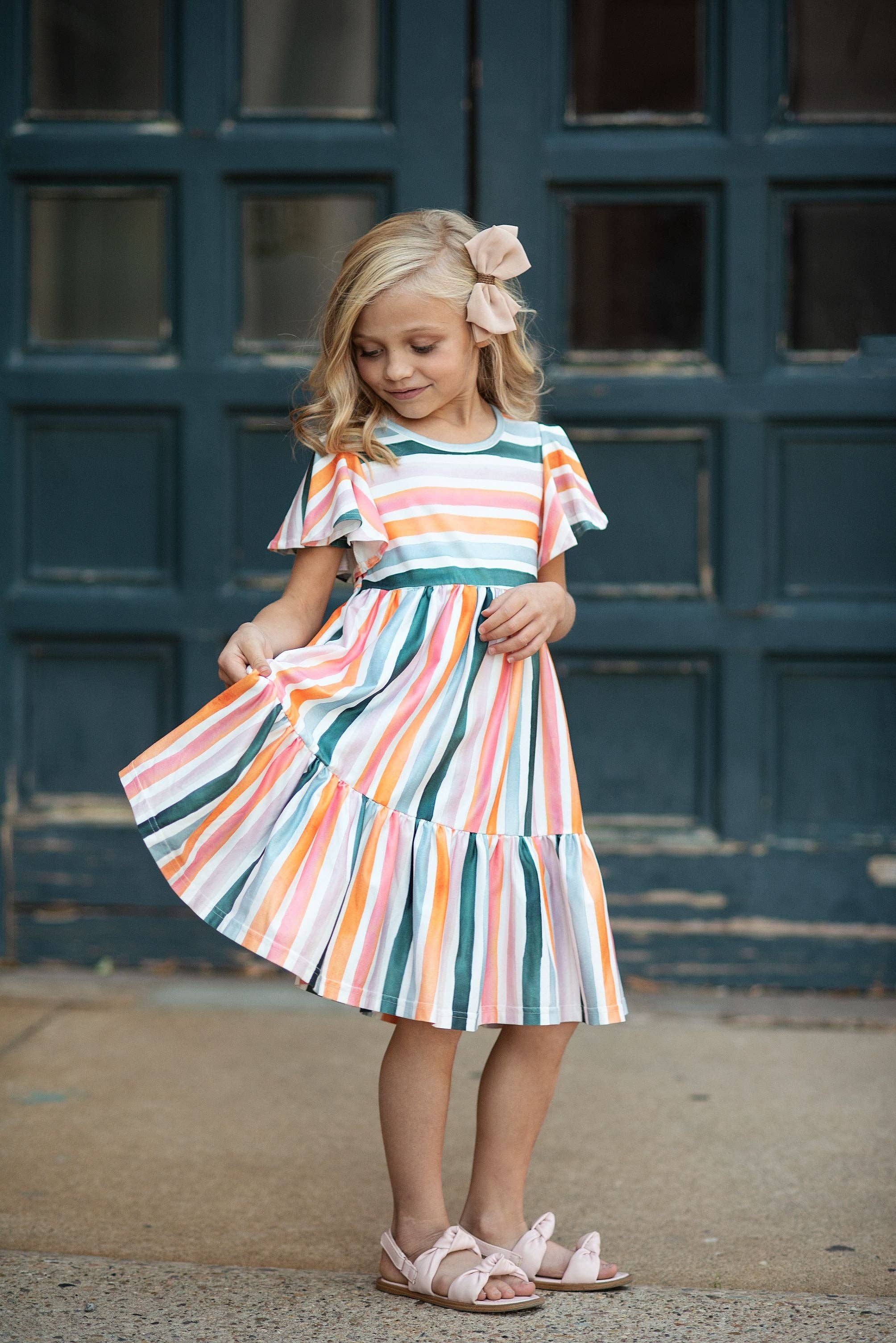 Kids Boho Rainbow Stripe Spring Easter Flutter Sleeve Dress Kids Boho Rainbow Stripe Spring Easter Flutter Sleeve Dress