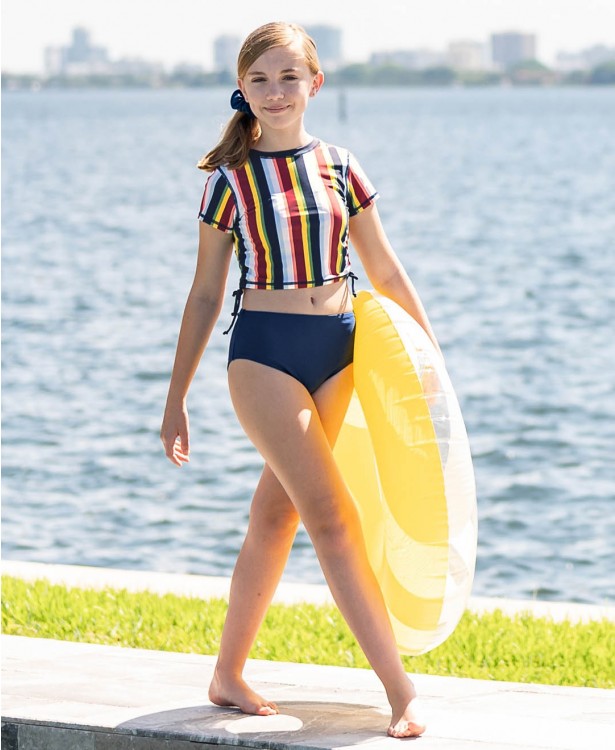 Sunset Stripe Cropped Rash Guard Bikini 3pc Set