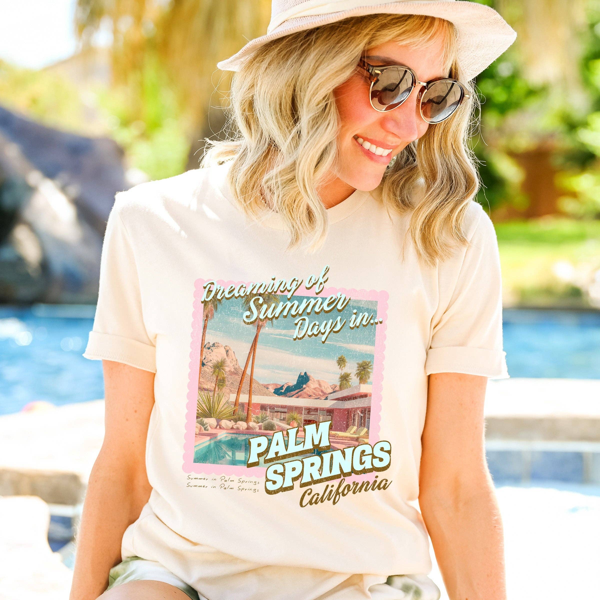 Dreaming Of Palm Springs |Short Sleeve Crew Neck: Cream / Multi Color Ink