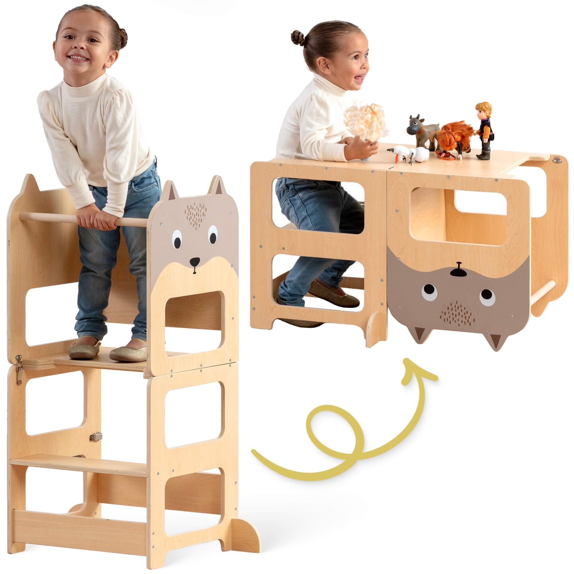 OmaOmaOma! Montessori Educational Wooden Toys for Kids - Convertible Montessori Toddler Tower 4-in-1 Step Stool, Desk