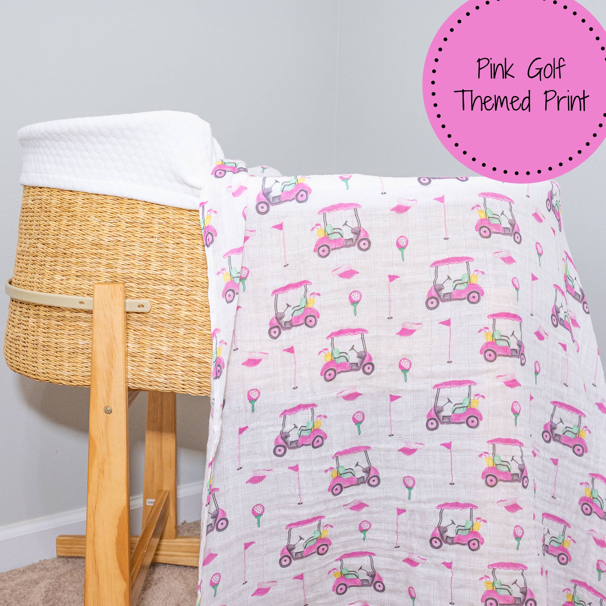 LollyBanks - Pink Golf Baby 100% Cotton Muslin Swaddle Blanket 47"x47"