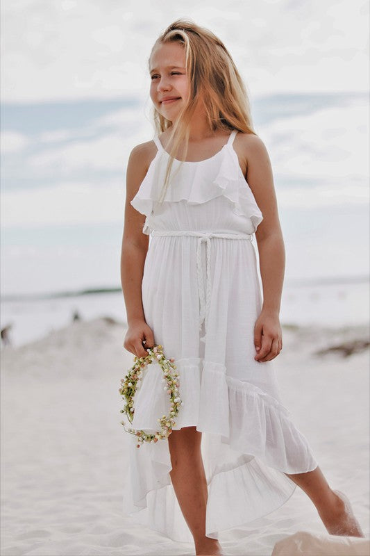 BEACH BEAUTY Hi-Lo Gauze Cotton Ruffled Dress- Beach White