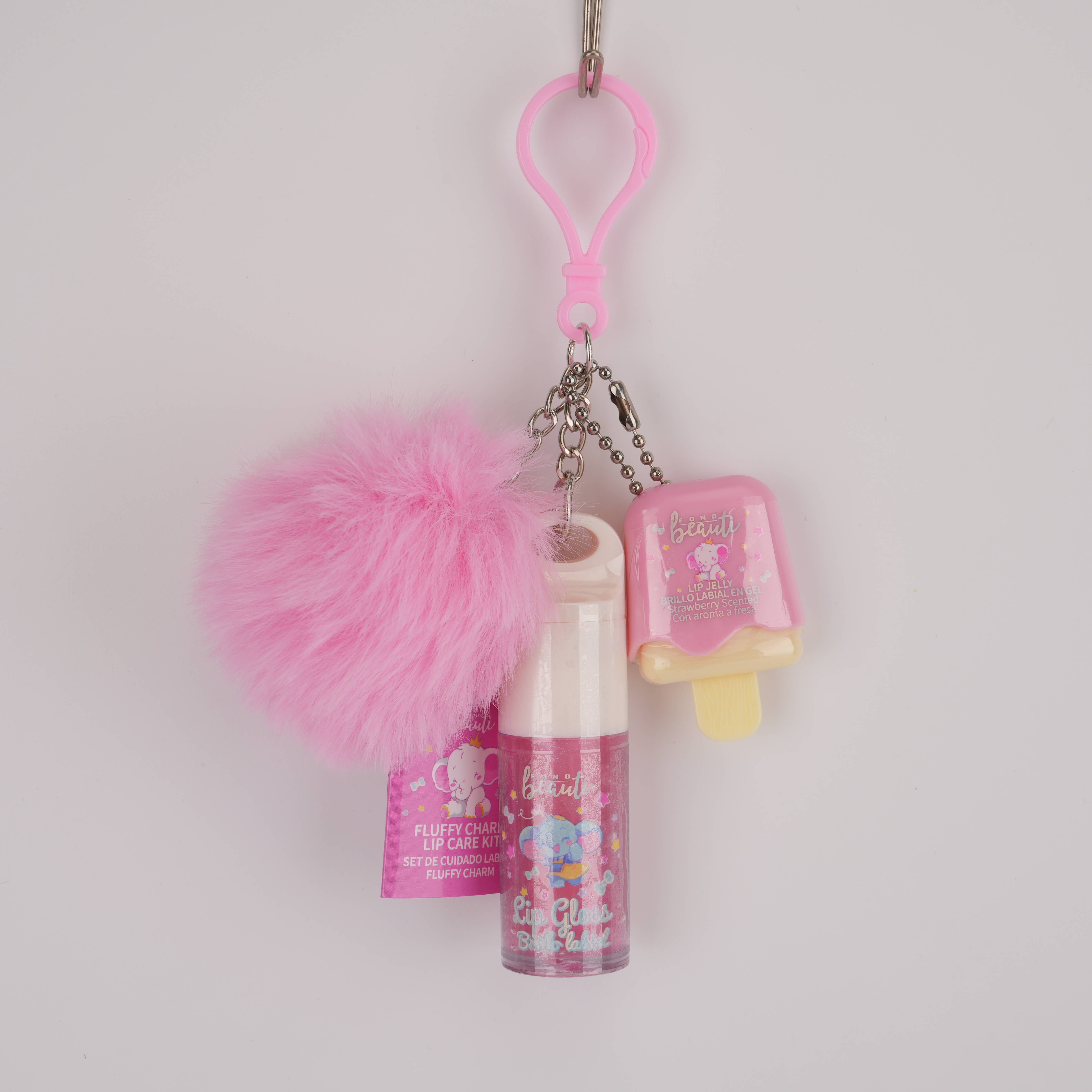 Fluffy Charm Lip Care Duo-- Lip Gloss Lip Jelly Keychain Set