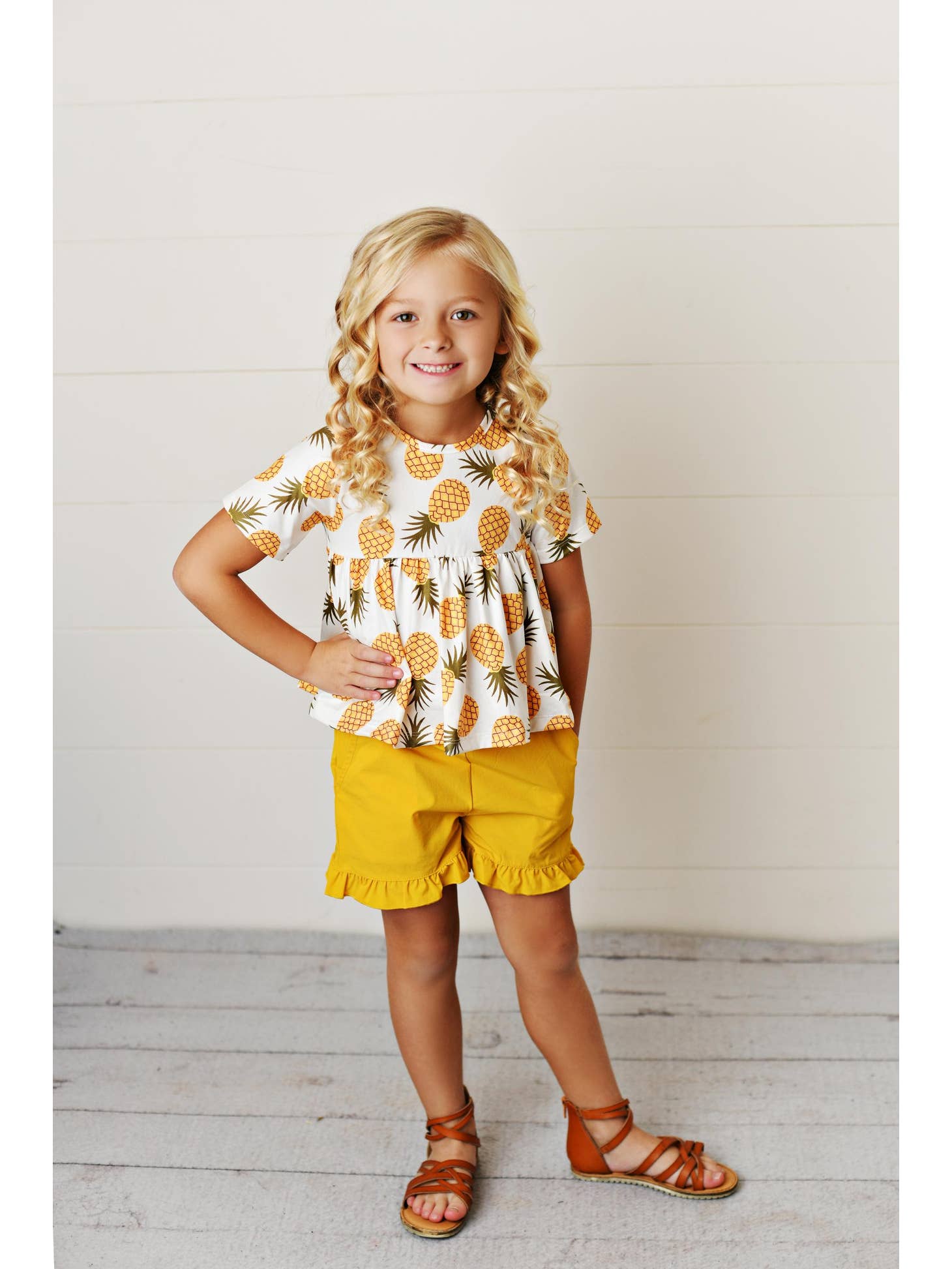Kids Yellow Pineapple Ruffle Spring Summer Pocket Short Set