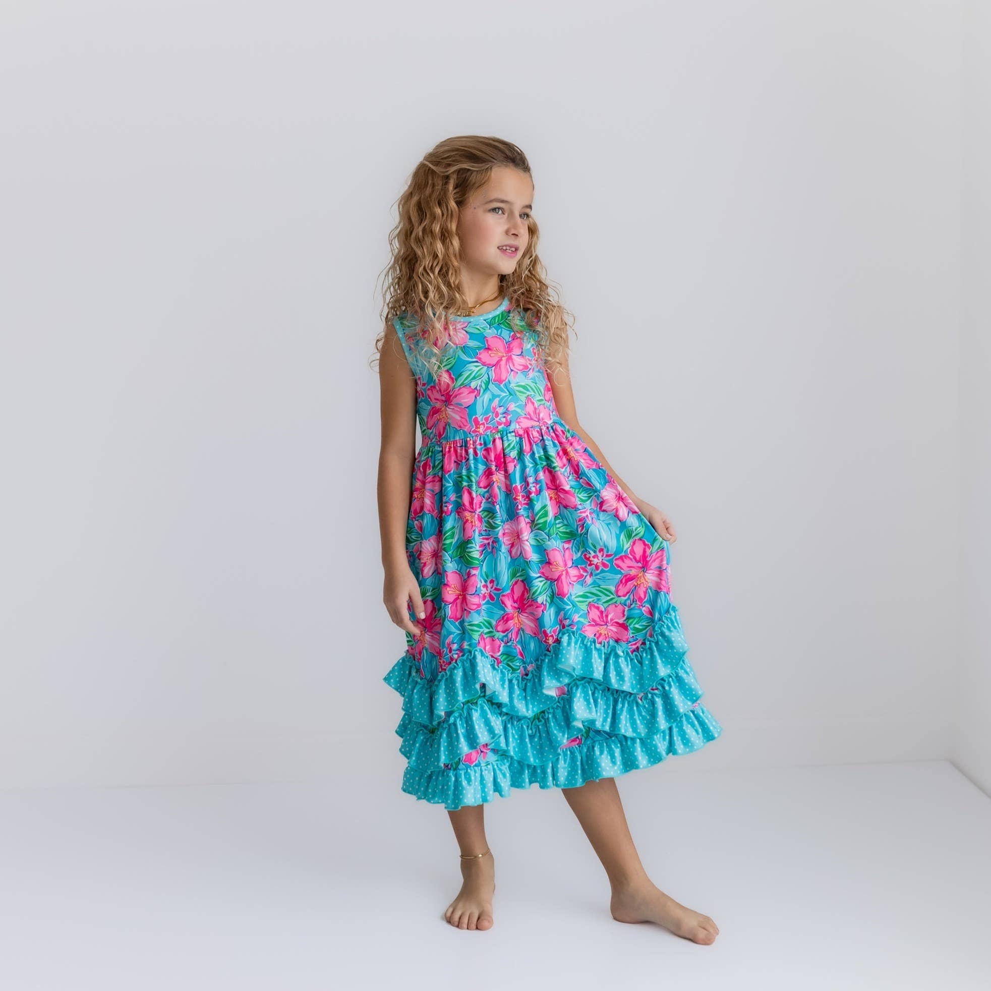 Pink Blue Tropical 3 Ruffle Spring Summer Dress