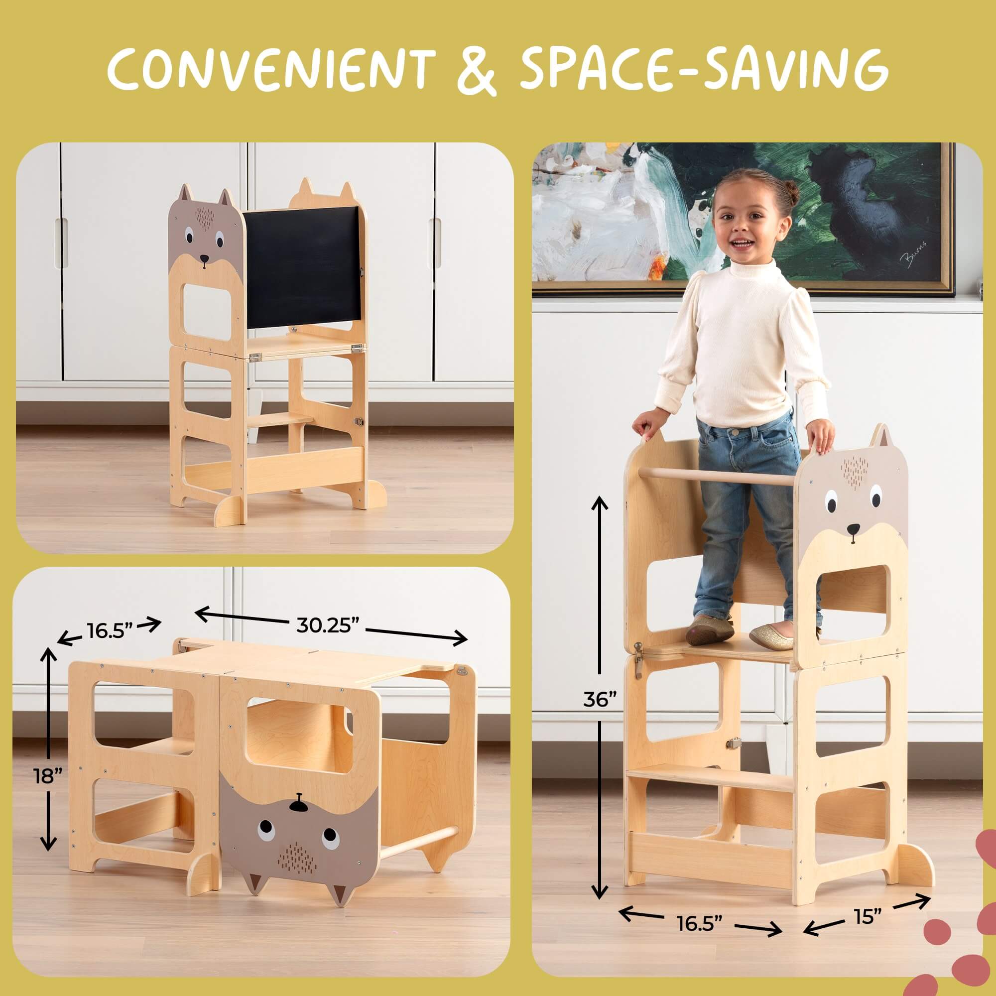OmaOmaOma! Montessori Educational Wooden Toys for Kids - Convertible Montessori Toddler Tower 4-in-1 Step Stool, Desk