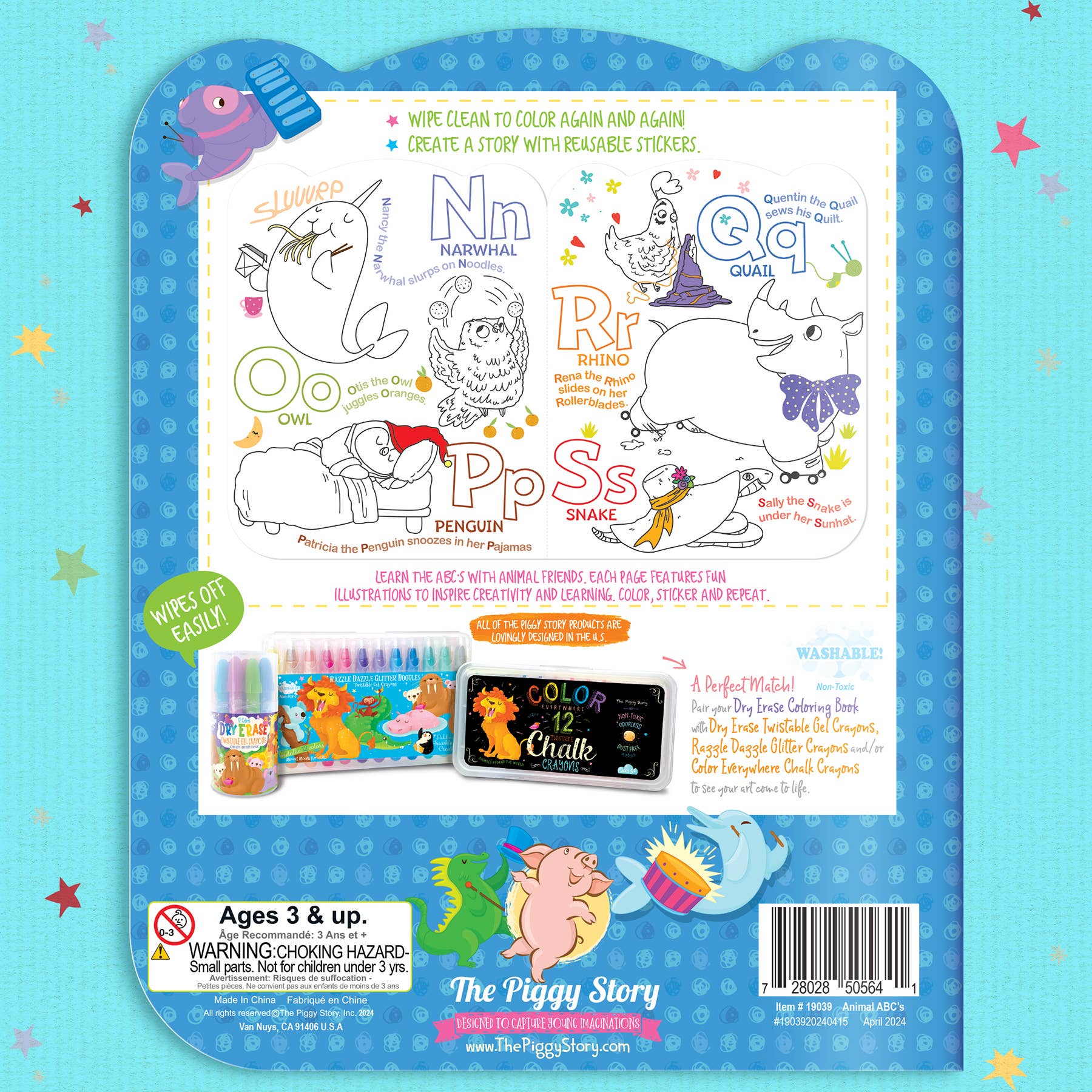 Dry Erase Reusable Coloring Book with Stickers | Animal ABC