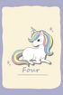Card with a unicorn design and the word 'Four' on a light purple background