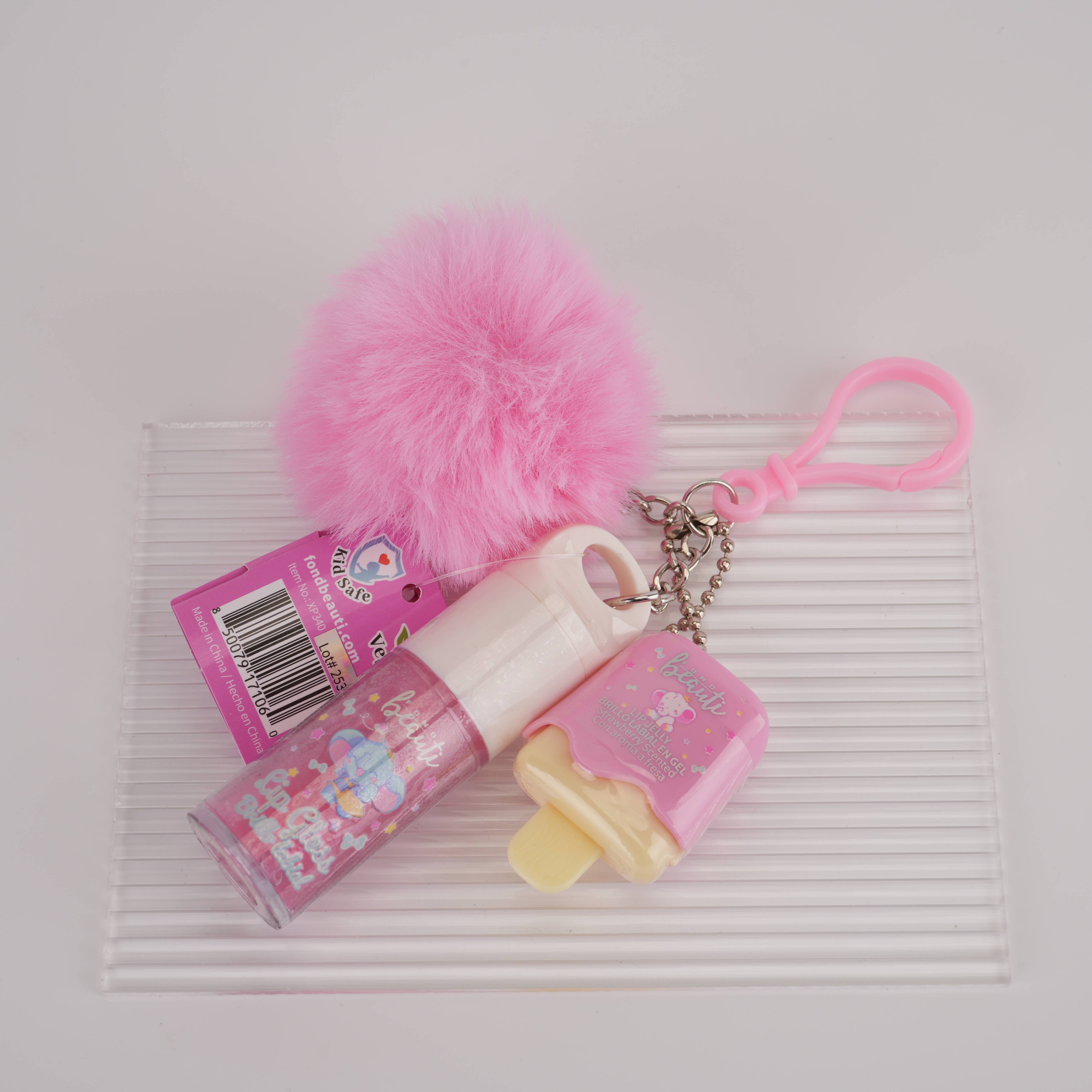 Fluffy Charm Lip Care Duo-- Lip Gloss Lip Jelly Keychain Set