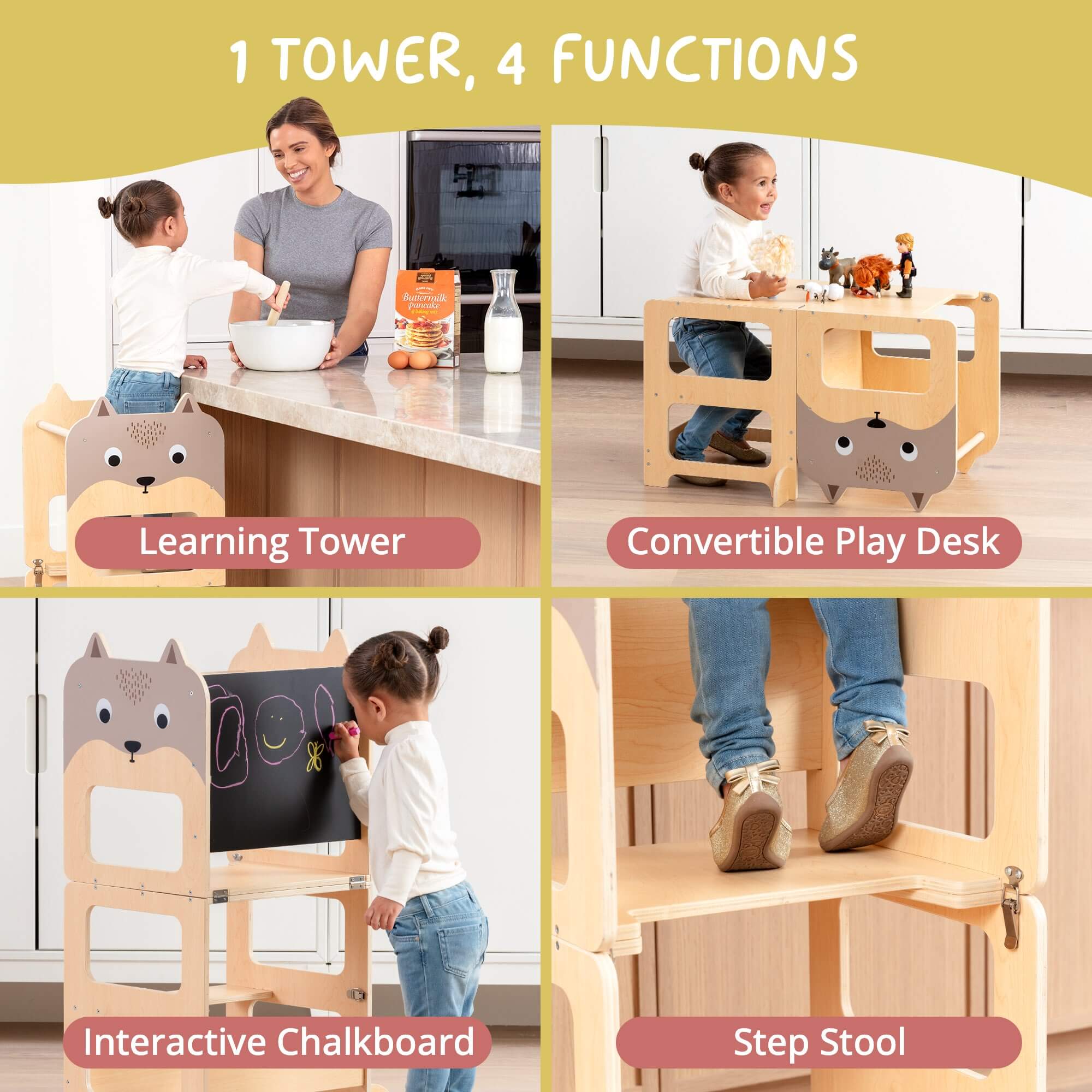 OmaOmaOma! Montessori Educational Wooden Toys for Kids - Convertible Montessori Toddler Tower 4-in-1 Step Stool, Desk