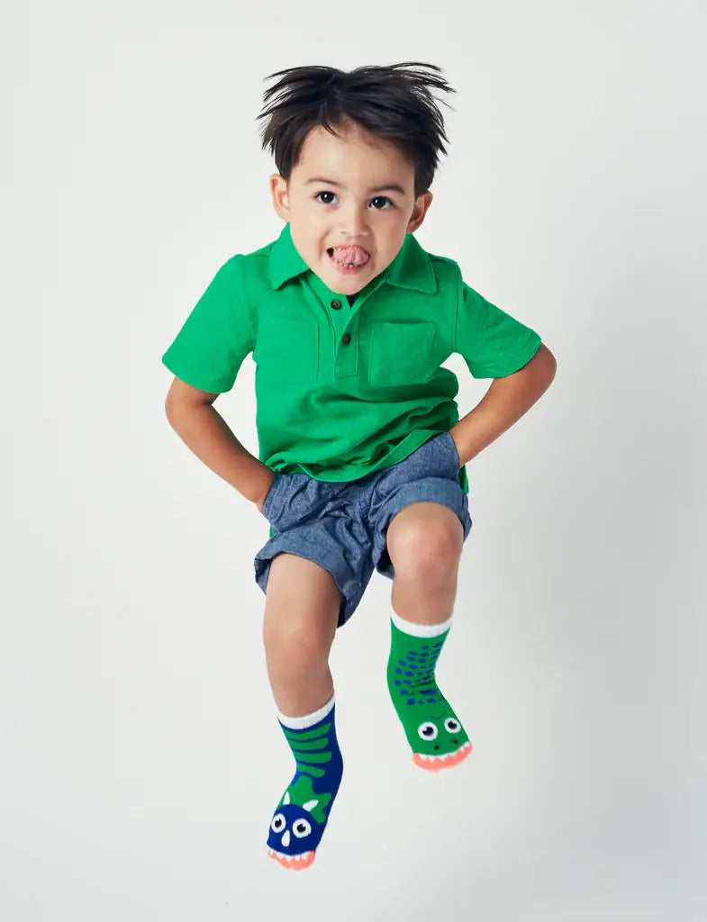 T-Rex & Triceratops Dinosaurs Mismatched Non-Slip Kids Socks: KIDS LARGE