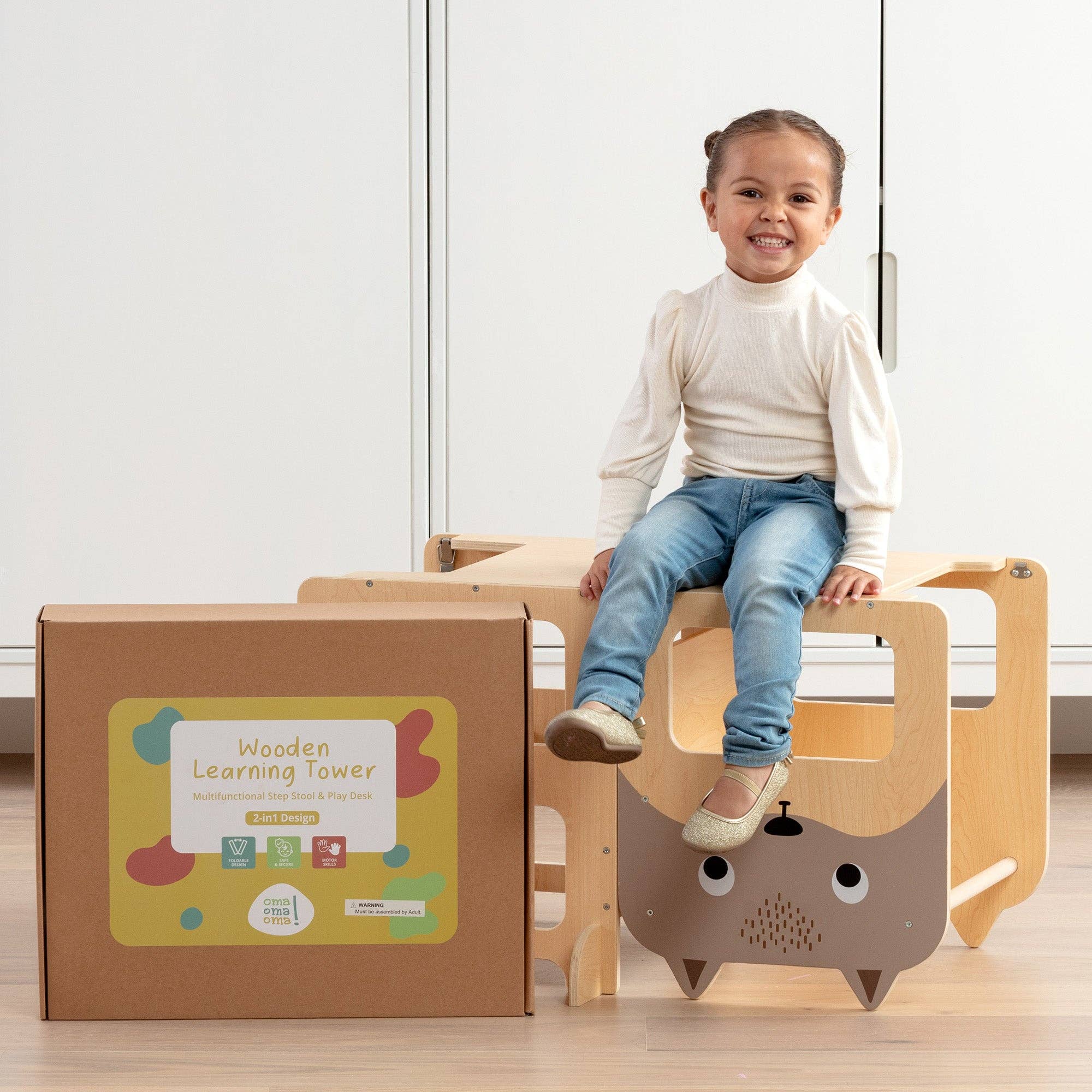 OmaOmaOma! Montessori Educational Wooden Toys for Kids - Convertible Montessori Toddler Tower 4-in-1 Step Stool, Desk