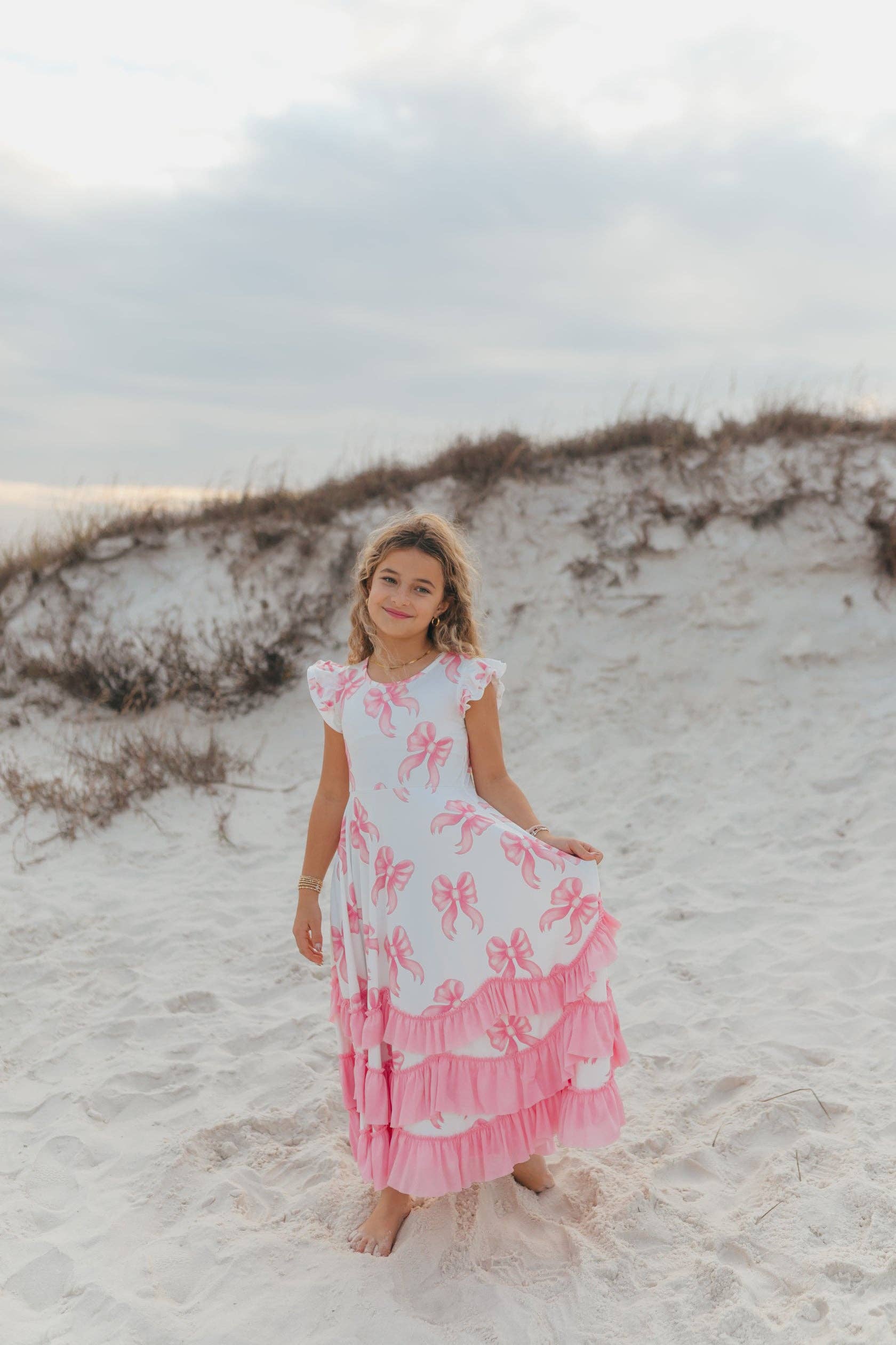 Kids Bella Pink Bow Flutter Sleeve Ruffles Spring Dress