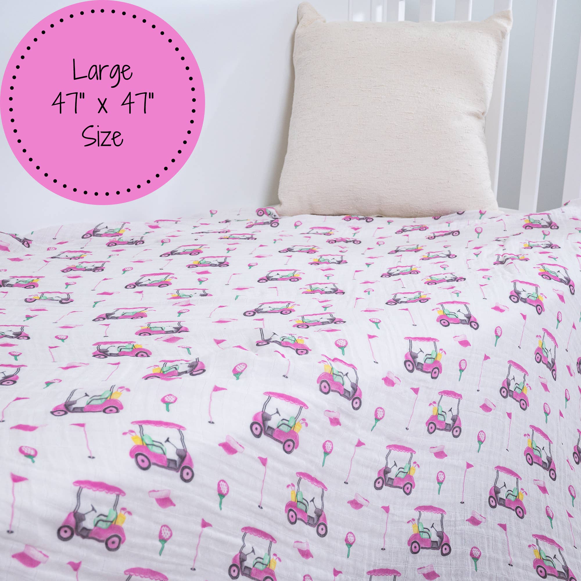 LollyBanks - Pink Golf Baby 100% Cotton Muslin Swaddle Blanket 47"x47"
