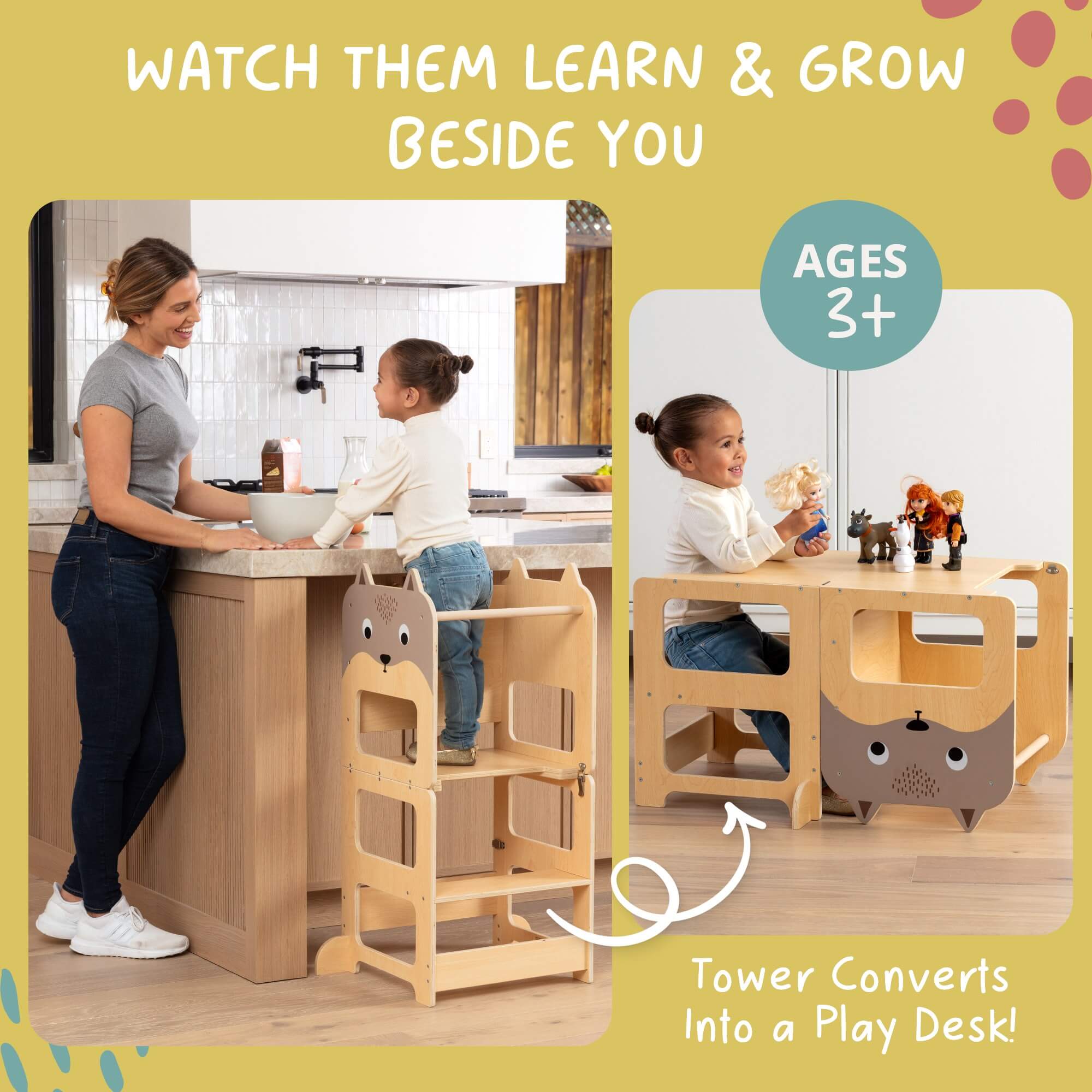 OmaOmaOma! Montessori Educational Wooden Toys for Kids - Convertible Montessori Toddler Tower 4-in-1 Step Stool, Desk