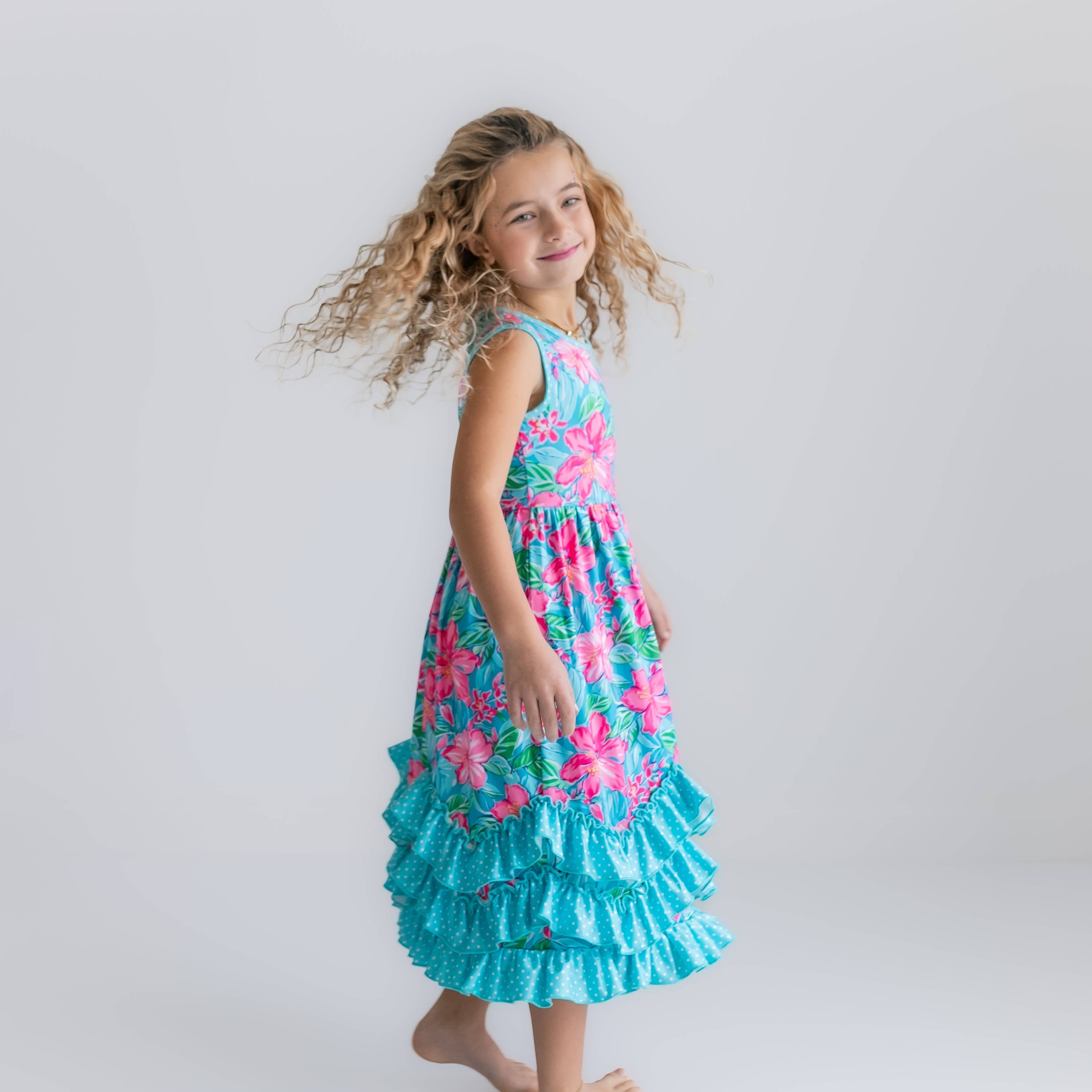 Pink Blue Tropical 3 Ruffle Spring Summer Dress