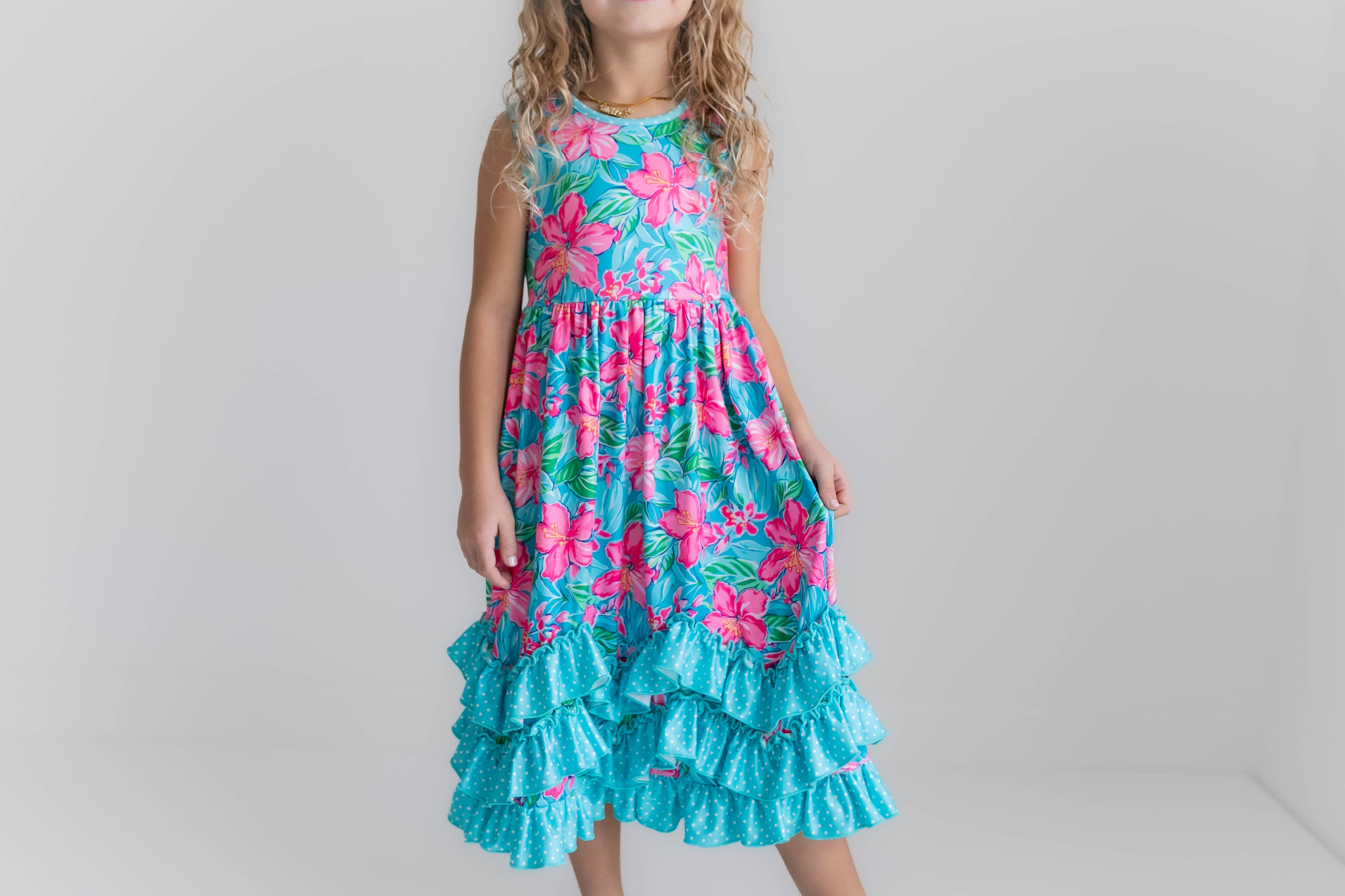 Pink Blue Tropical 3 Ruffle Spring Summer Dress