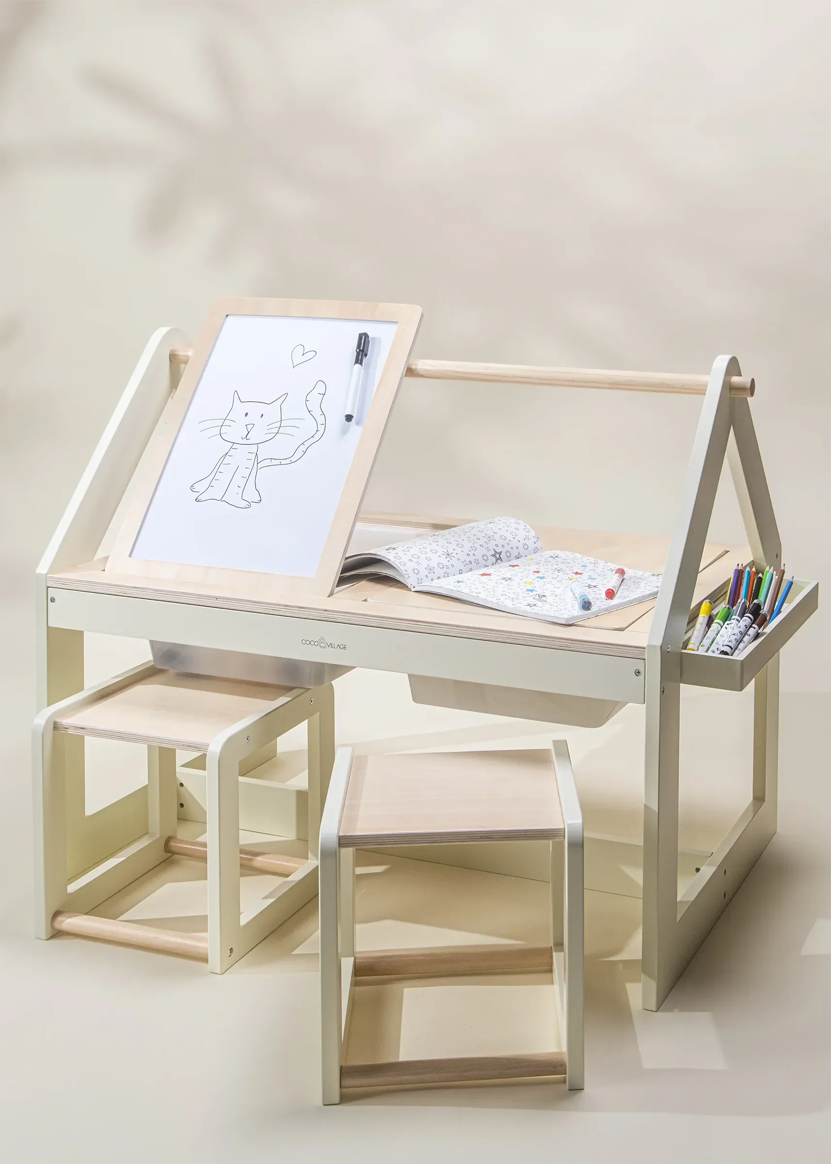 Coco Village Multifunction Wooden Art & Sensory Table w/ Stools