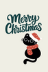 Black cat in Santa hat and scarf with Merry Christmas written in cursive on a plain background