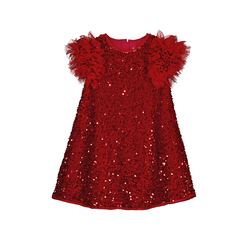 Abel & Lula Sequin Velvet Dress-Red W25 5529