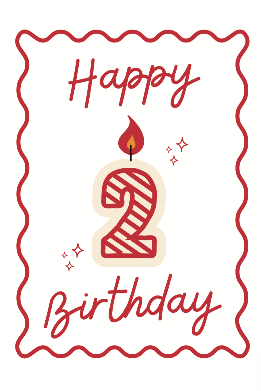 Red and white second happy birthday card with lit 2 candle