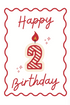 Red and white second happy birthday card with lit 2 candle