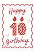 Happy 10th birthday card with candles on a white background
