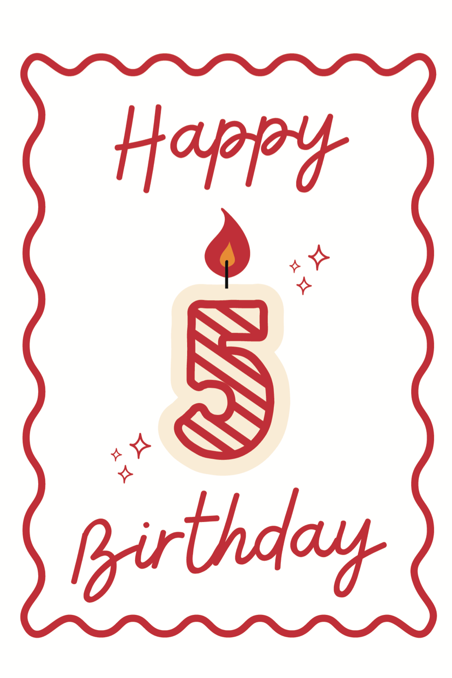 Happy 5th birthday card with a candle and decorative border on a white background