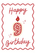 Happy 9th birthday card with a candle and red border on a white background