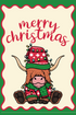 Front of a card with a longhorn bull in a an ugly Christmas sweater with a tangle of Christmas lights. Merry christmas written in red with a squiggle line trim around the edge. 