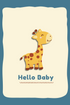 Baby blanket with a cartoon giraffe and 'Hello Baby' text on a blue background