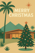 an image of the front of a greeting card with a mid century modern house palm trees and a Christmas tree in muted desert tones