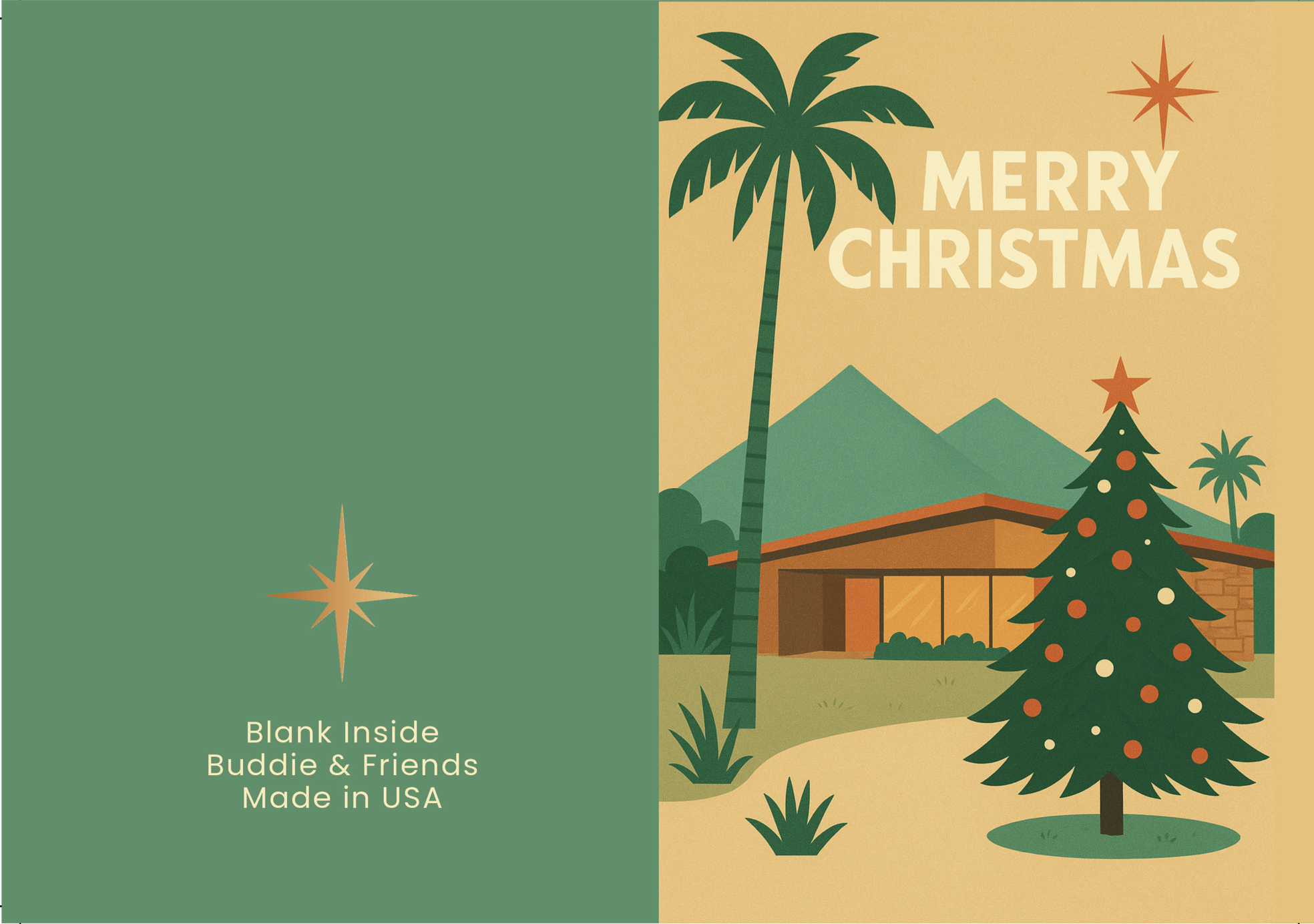 Christmas card with a tropical scene featuring a palm tree, house, and Christmas tree, with 'Merry Christmas' text.