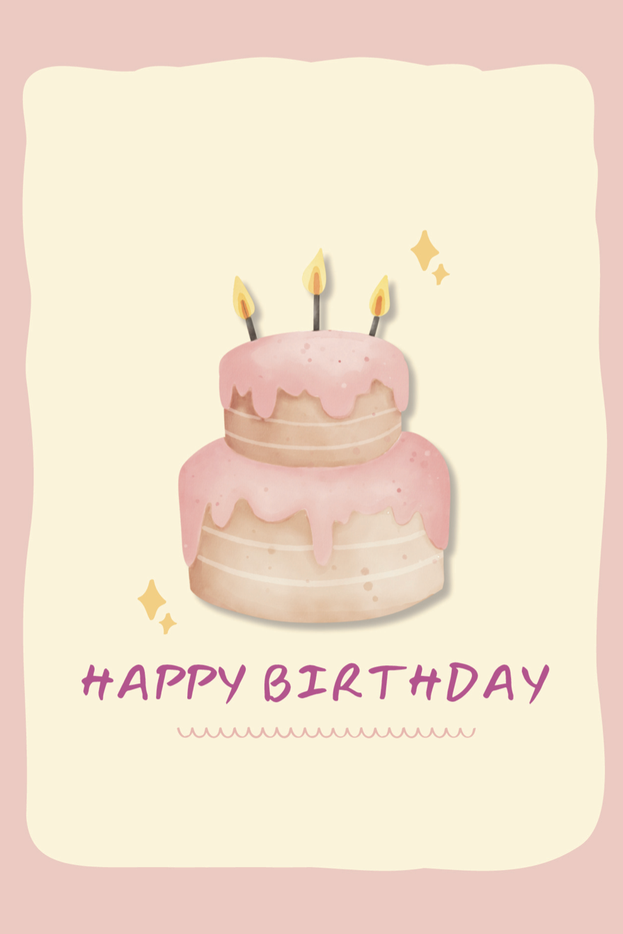 Illustration of a pink birthday cake with candles on a light pink background with 'Happy Birthday' text.