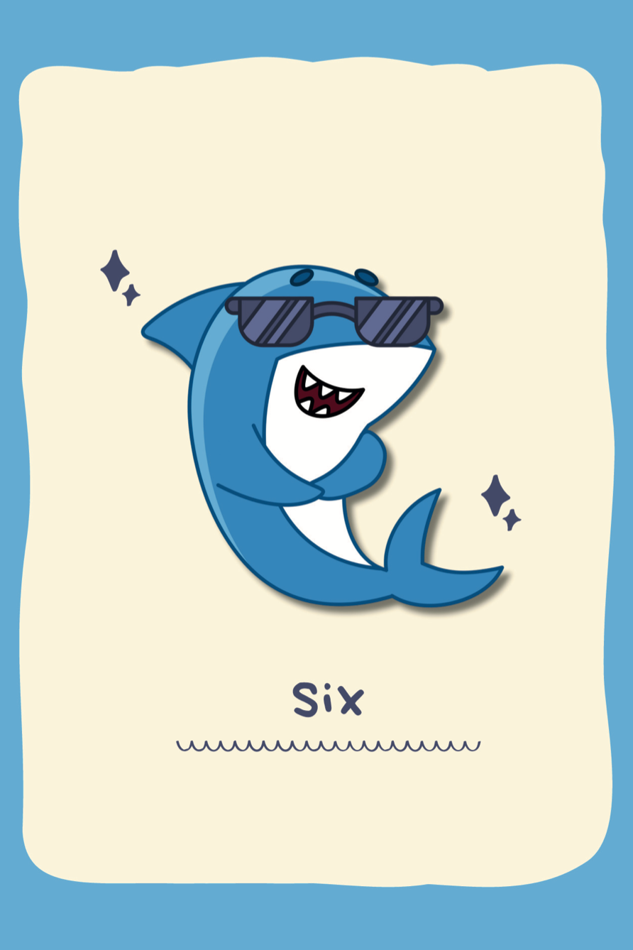 Card with a cartoon shark wearing sunglasses on a beige background