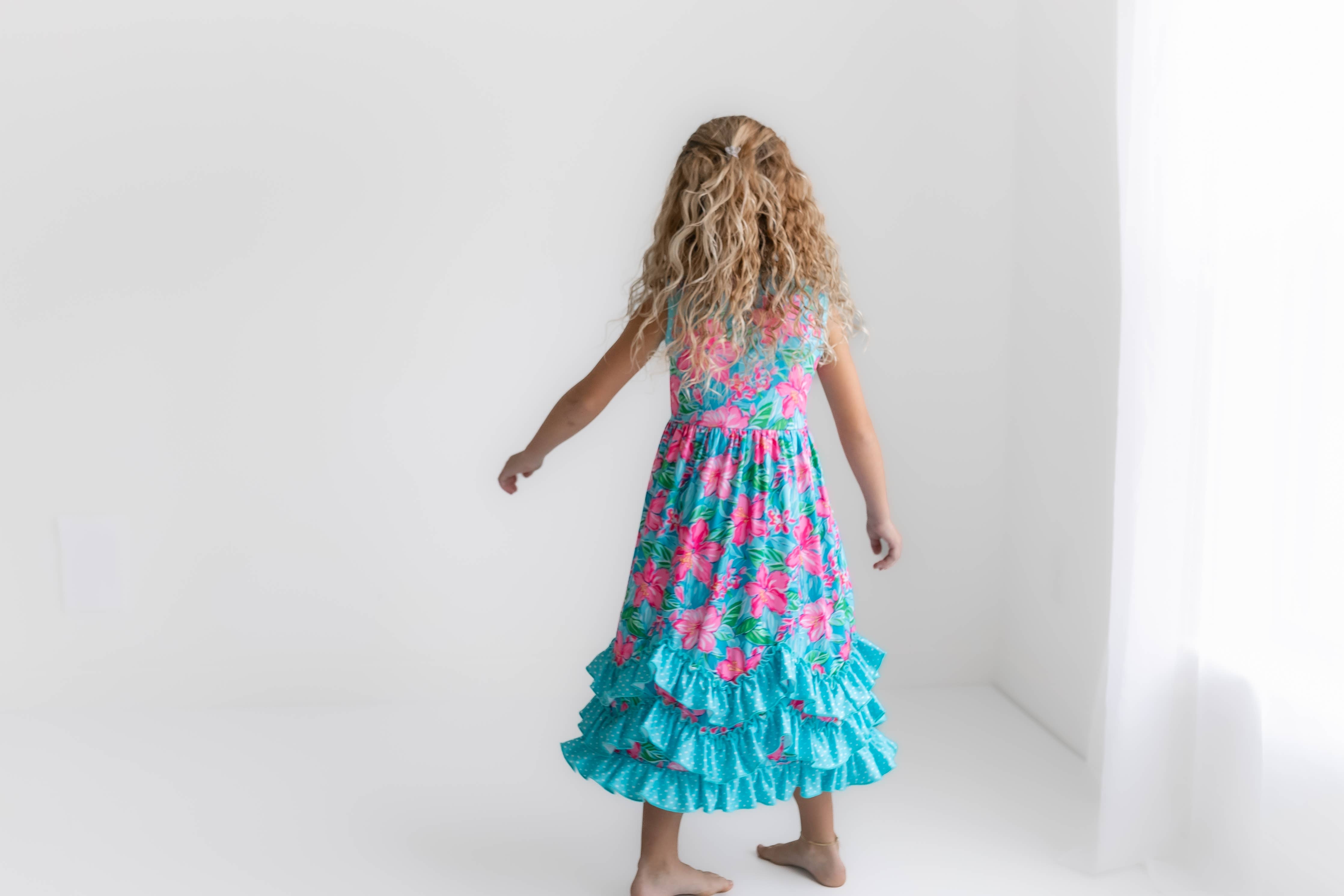 Pink Blue Tropical 3 Ruffle Spring Summer Dress