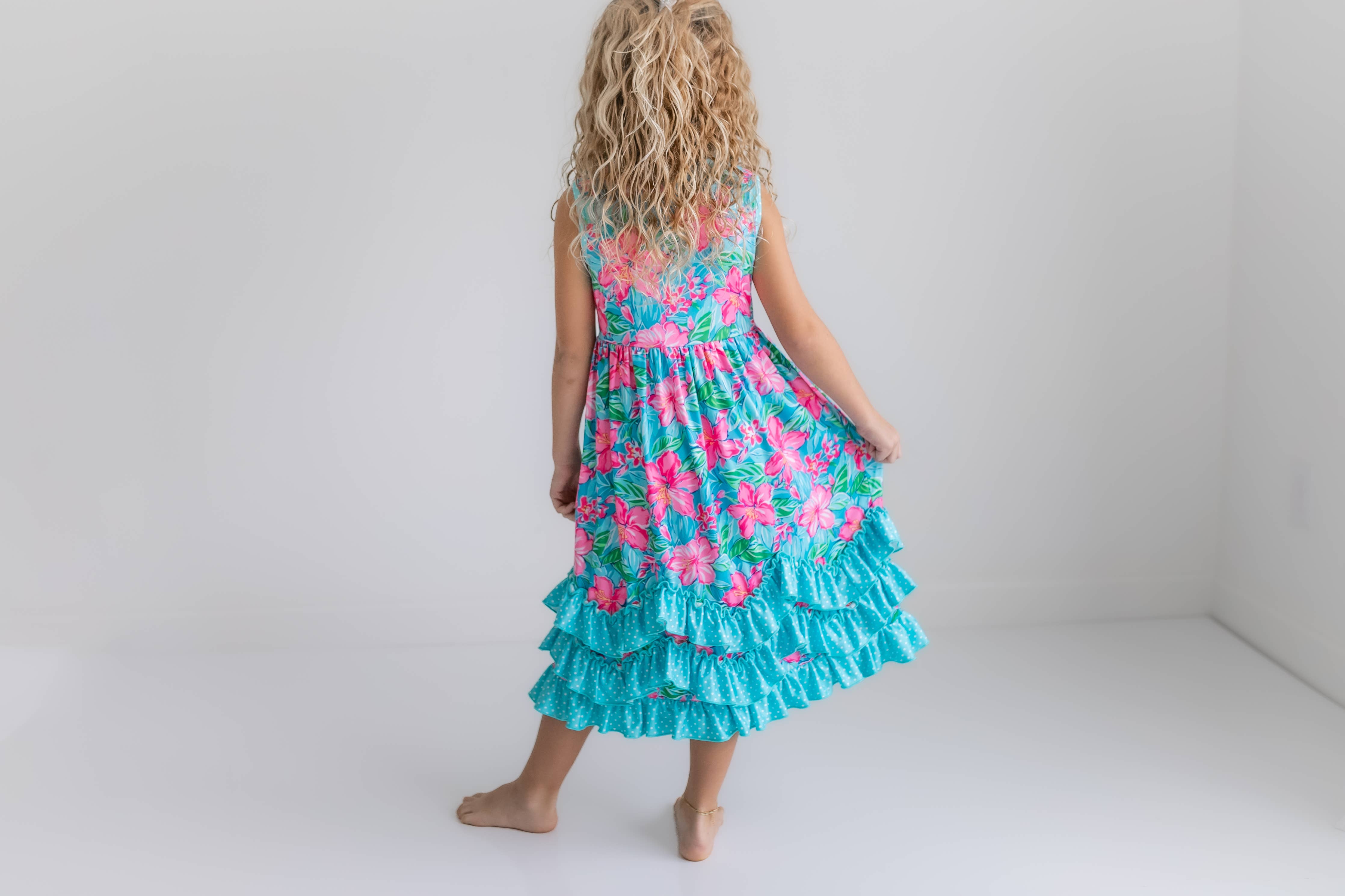 Pink Blue Tropical 3 Ruffle Spring Summer Dress