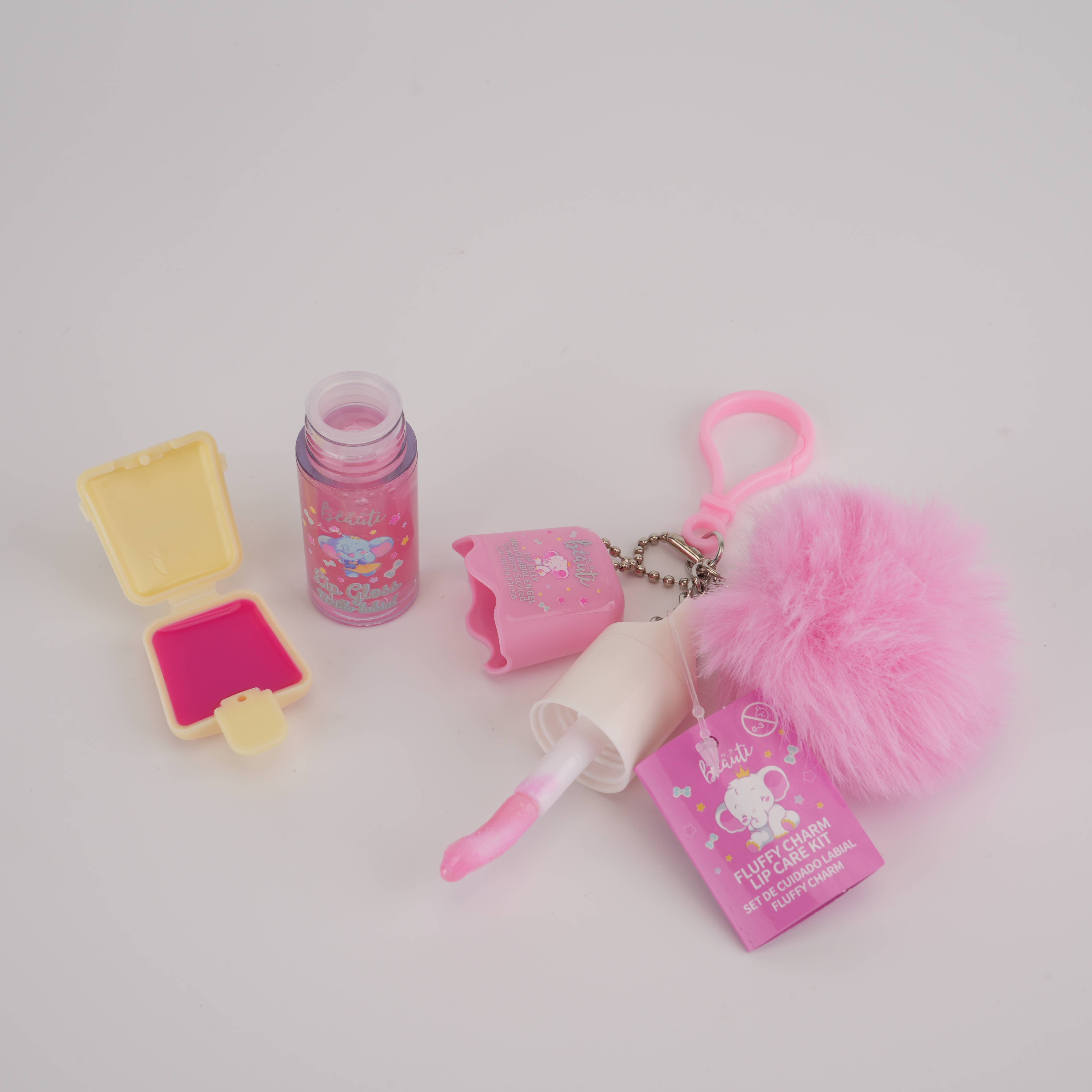 Fluffy Charm Lip Care Duo-- Lip Gloss Lip Jelly Keychain Set