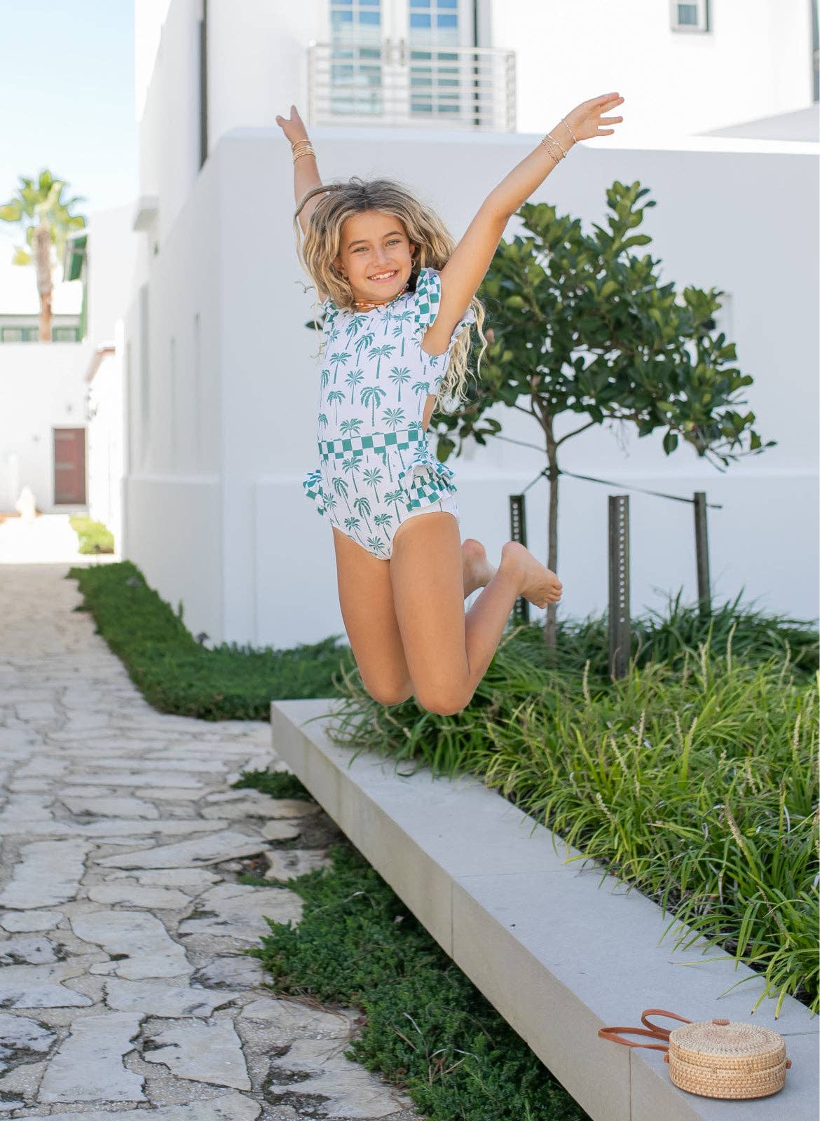 Grace Green Palm Check Open Back One Piece Ruffle Swimsuit