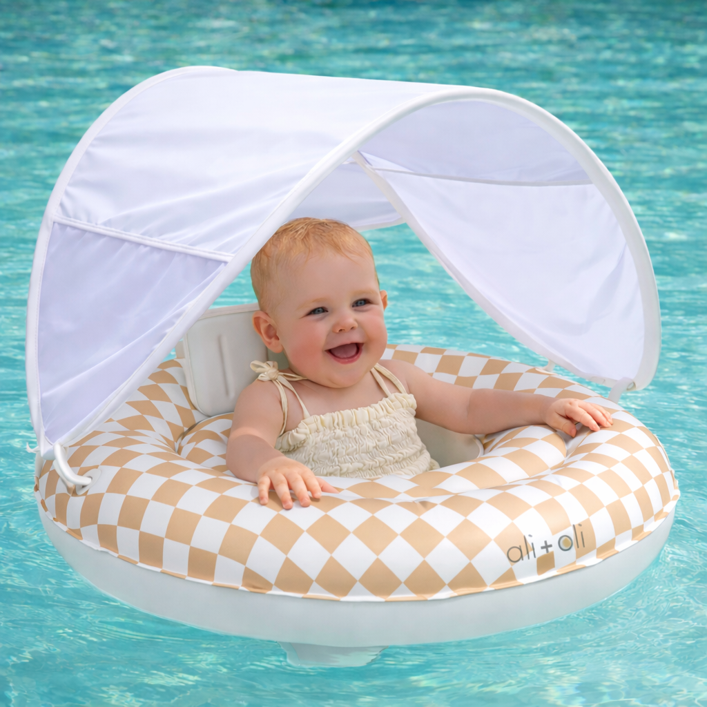Ali+Oli - Ali+Oli Baby Swim Seat with Sun Canopy (Tan Checkers)