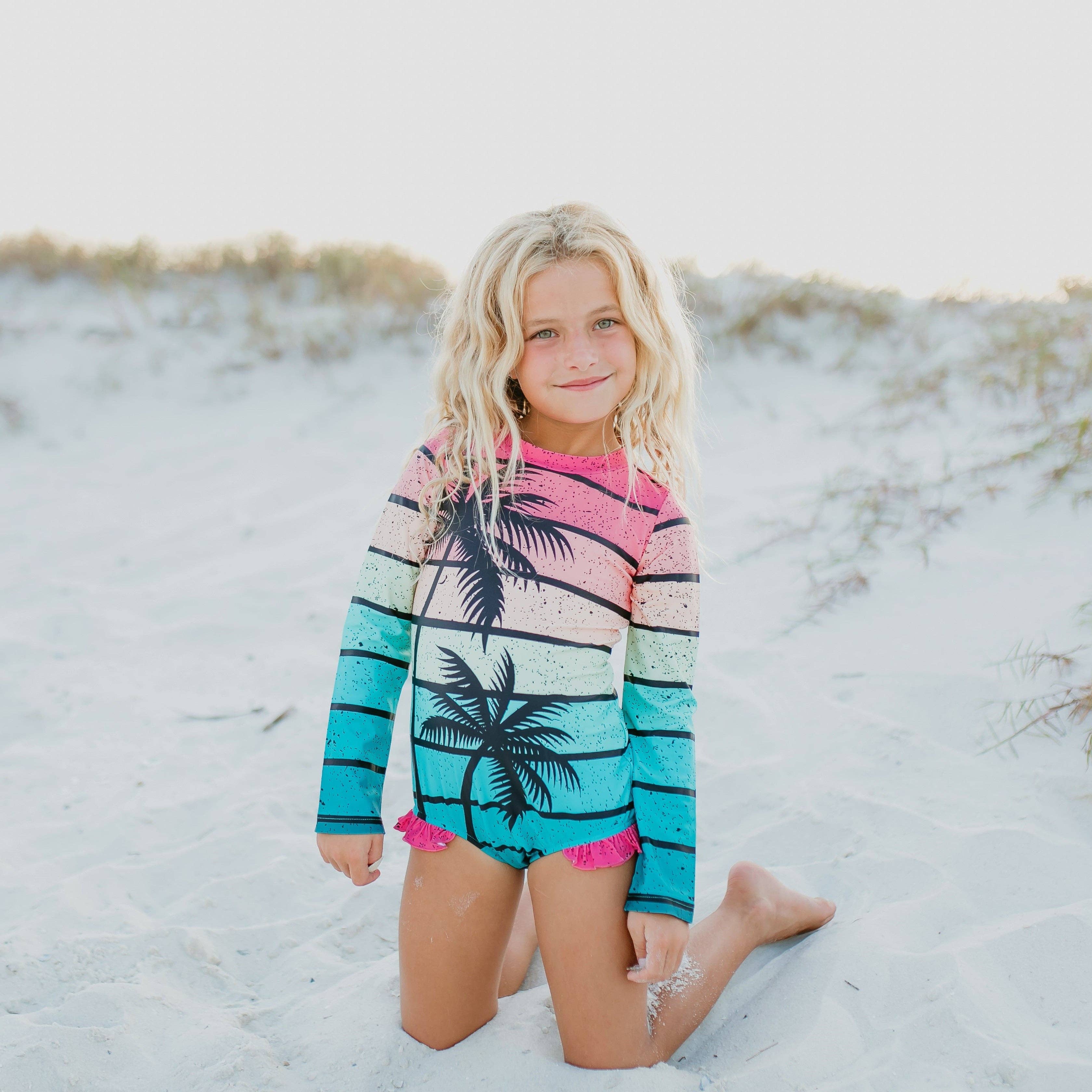 Oopsie Daisy - Kids Rainbow Tropical Tree Zip Rash Guard One Piece Swimsuit: 3