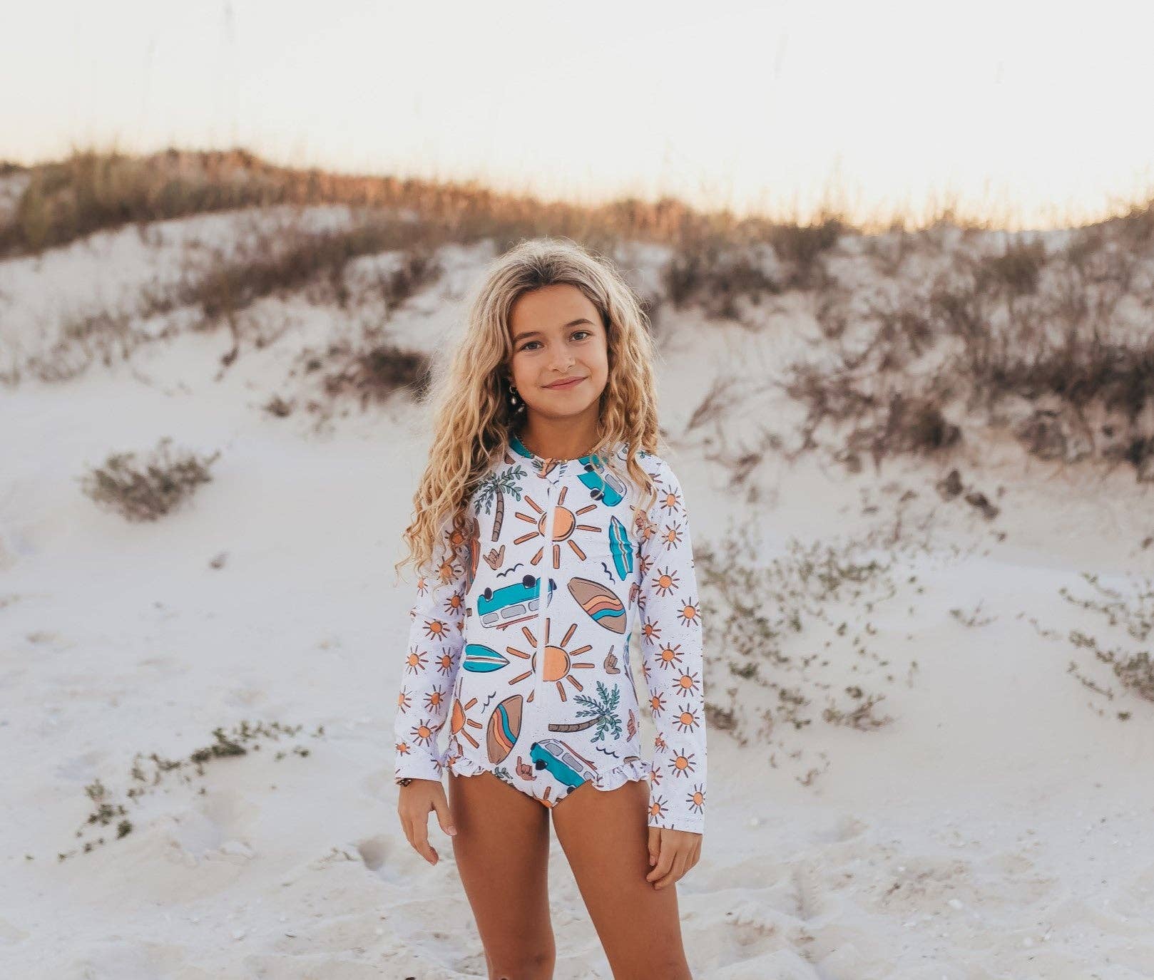 Kids Teal Surf Life Zip Rash Guard One Piece Swimsuit