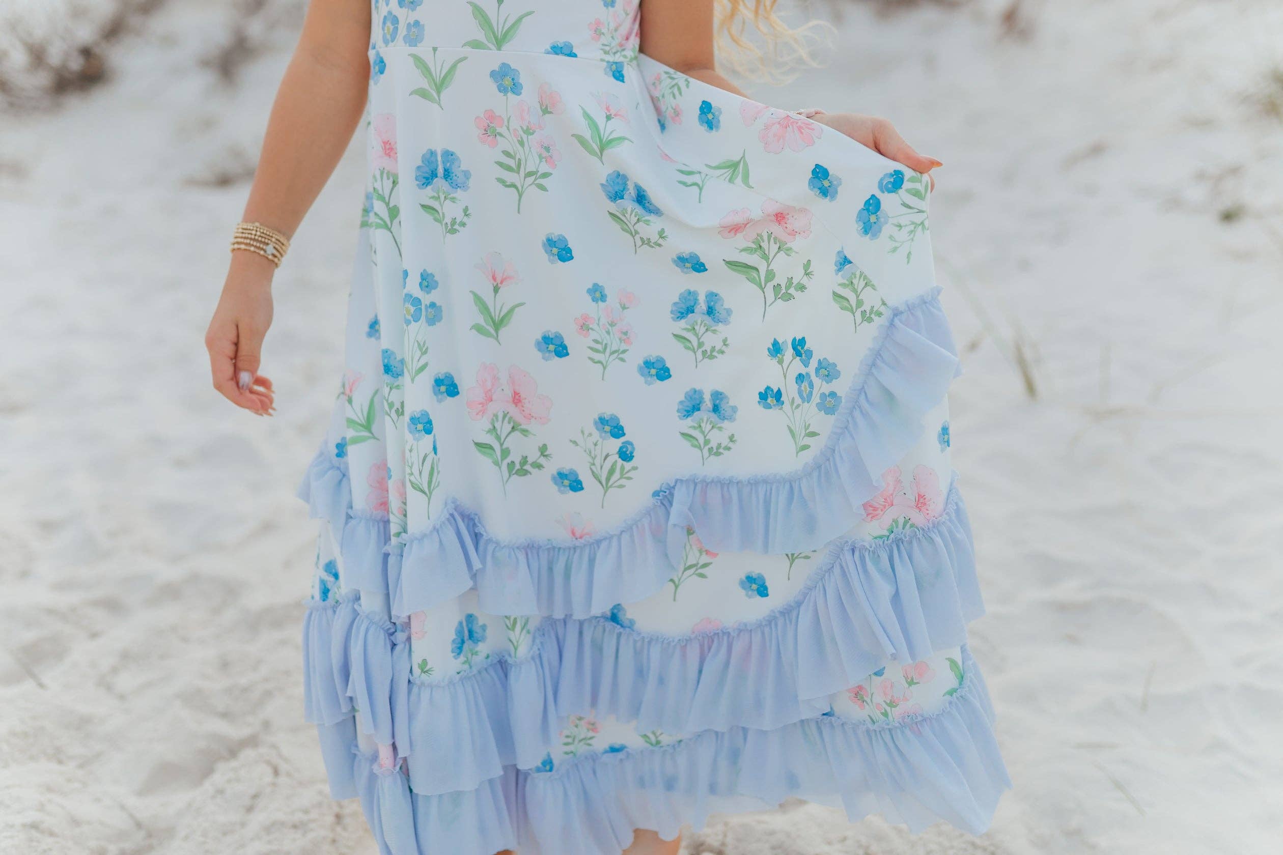 Kids Bella Dainty Blue Floral Flutter Sleeve Ruffles Dress