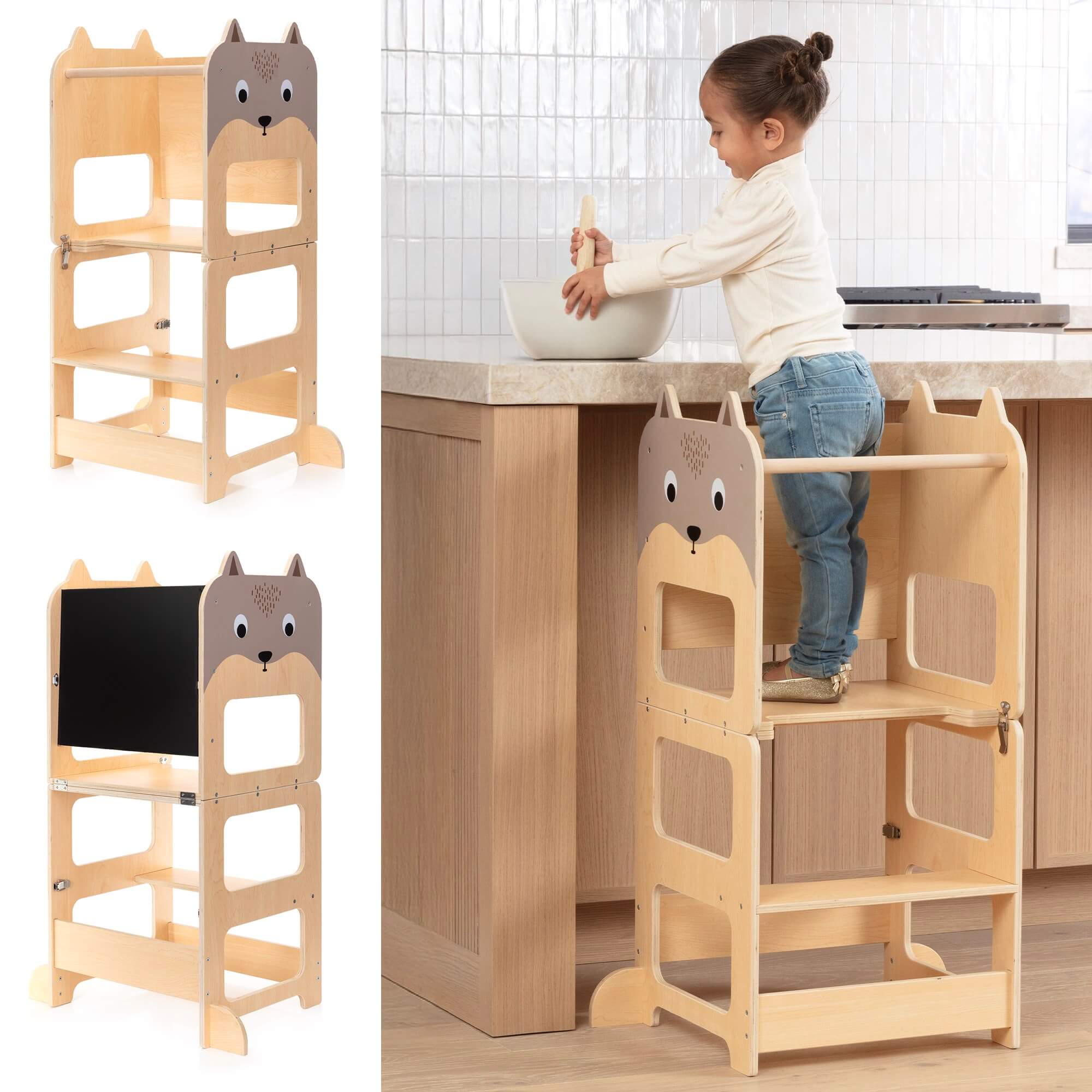 OmaOmaOma! Montessori Educational Wooden Toys for Kids - Convertible Montessori Toddler Tower 4-in-1 Step Stool, Desk
