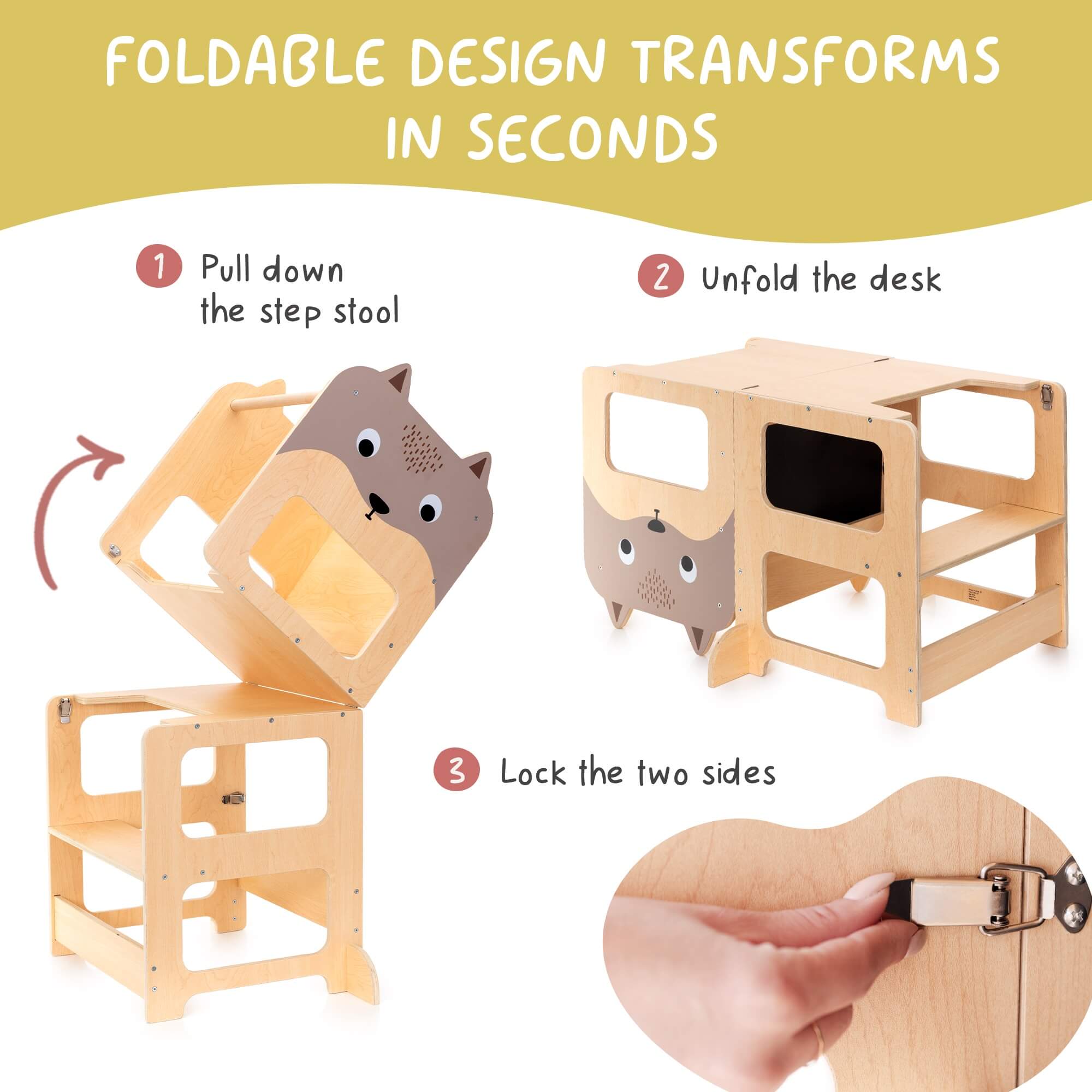 OmaOmaOma! Montessori Educational Wooden Toys for Kids - Convertible Montessori Toddler Tower 4-in-1 Step Stool, Desk