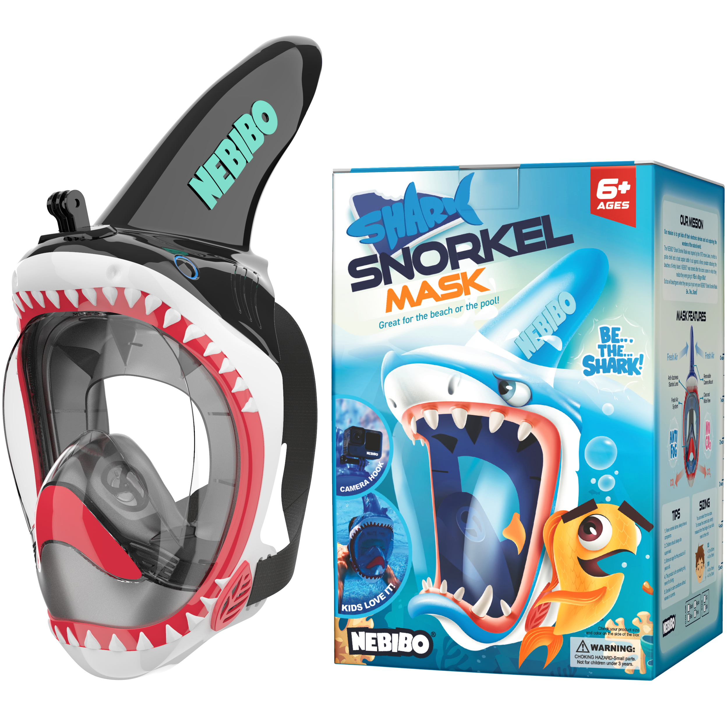 NEBIBO - Shark Snorkel Mask for Kids: Blue / XS